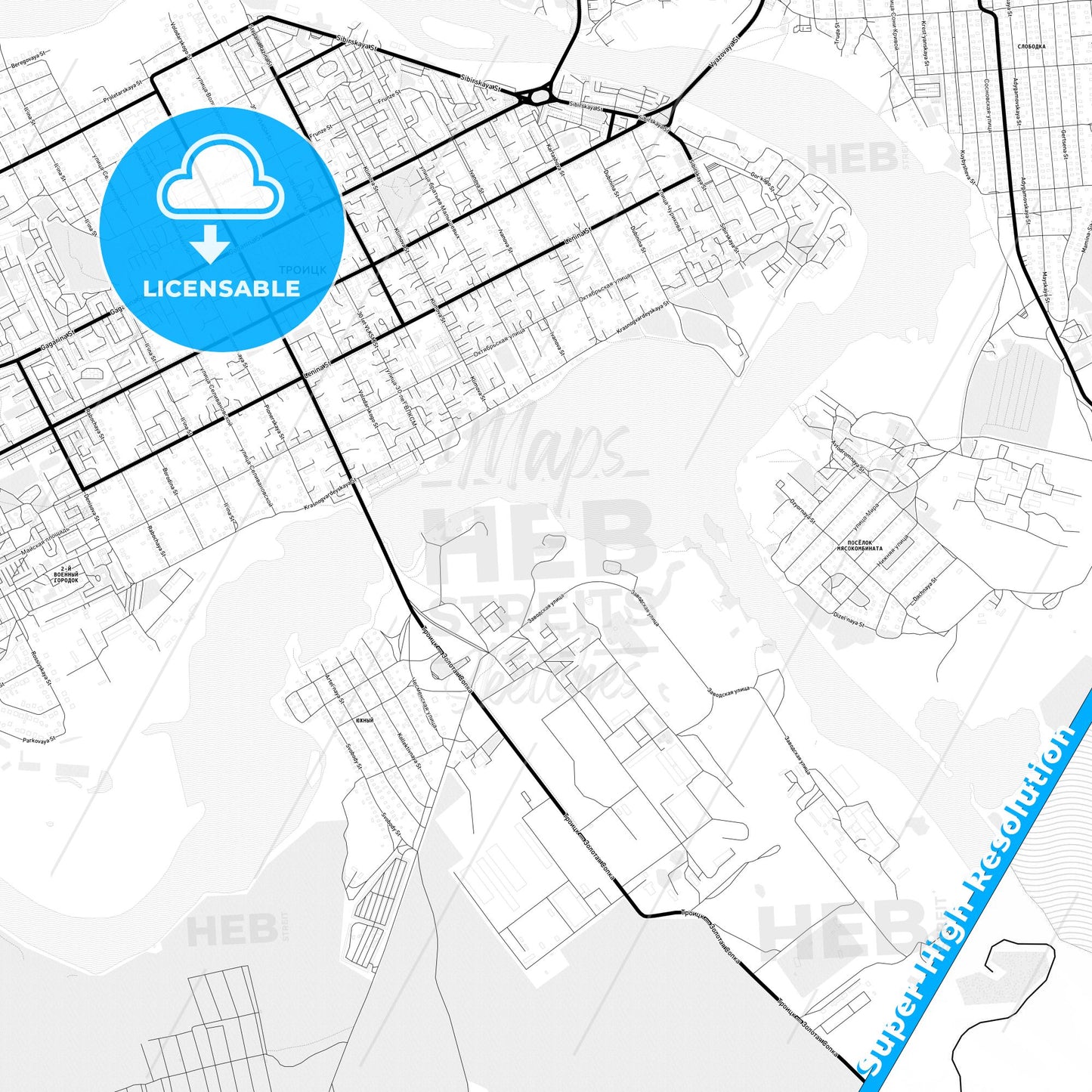 Troitsk, Russia Light Map with Street Names, City Names, and Districts