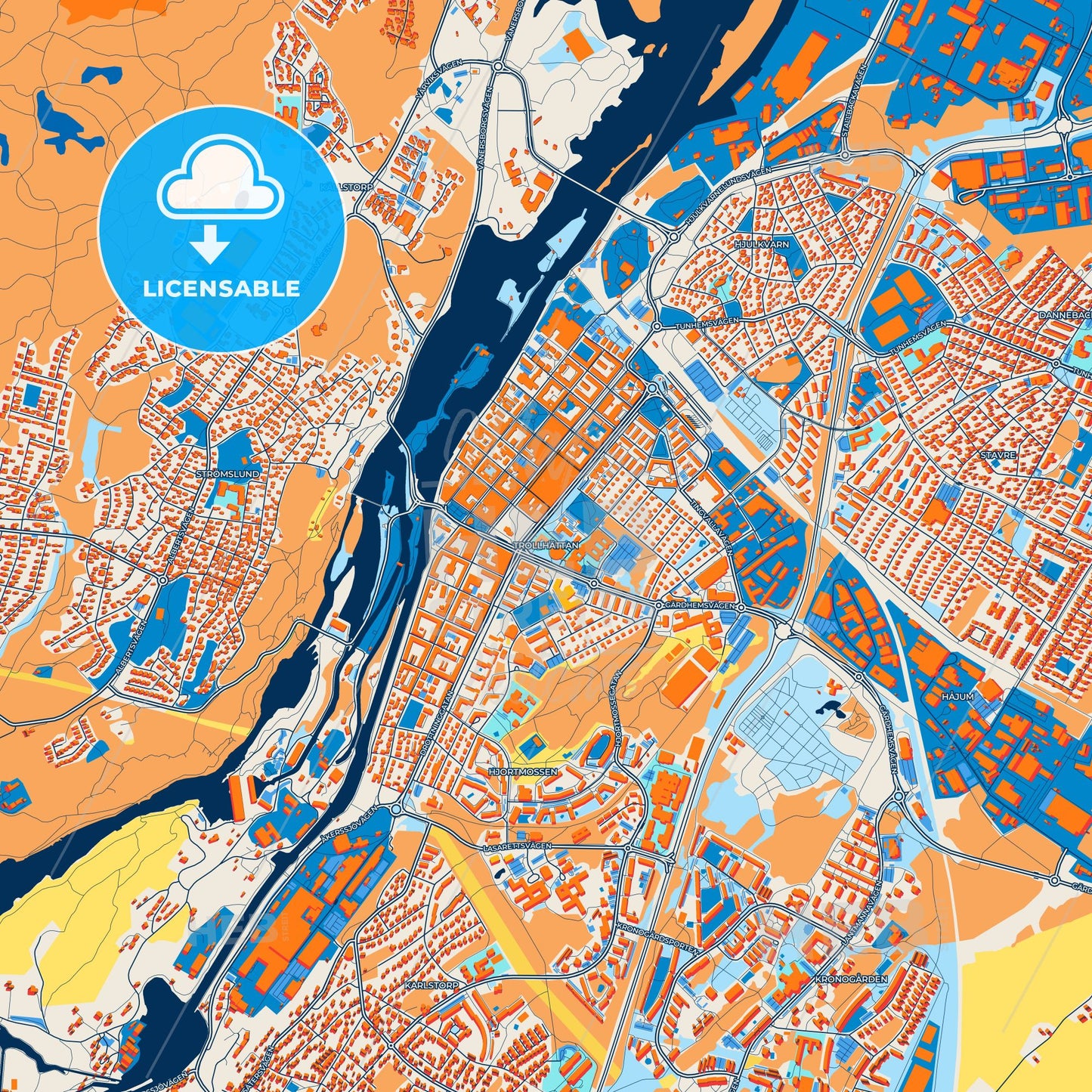 Colorful Trollhättan Street Map with Labels and Buildings