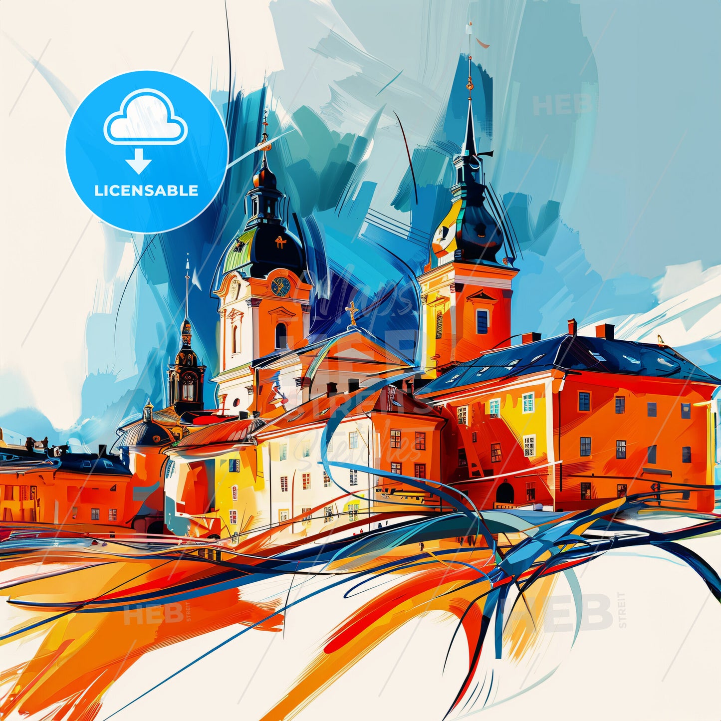 Vibrant Trollhättan, Sweden - A Painting Of A Building With Towers