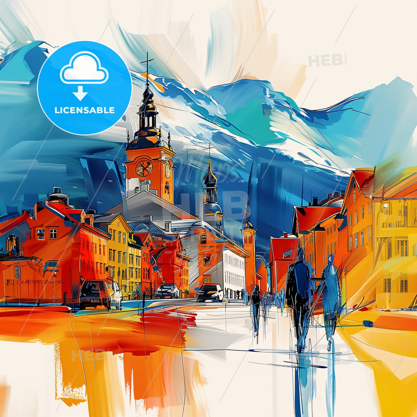 Vibrant Tromsø, Norway - A Painting Of A Town With A Mountain In The Background