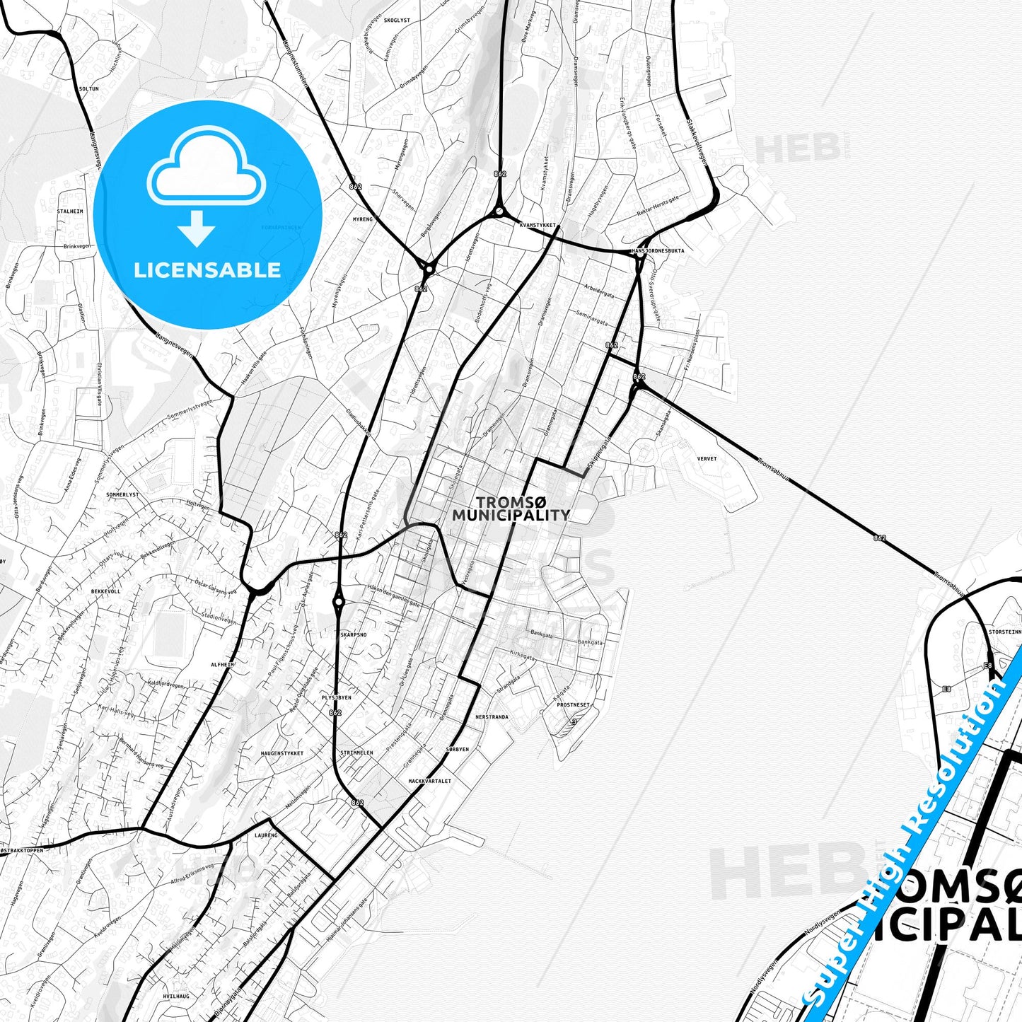 Tromsø, Norway Light Map with Street Names, City Names, and Districts