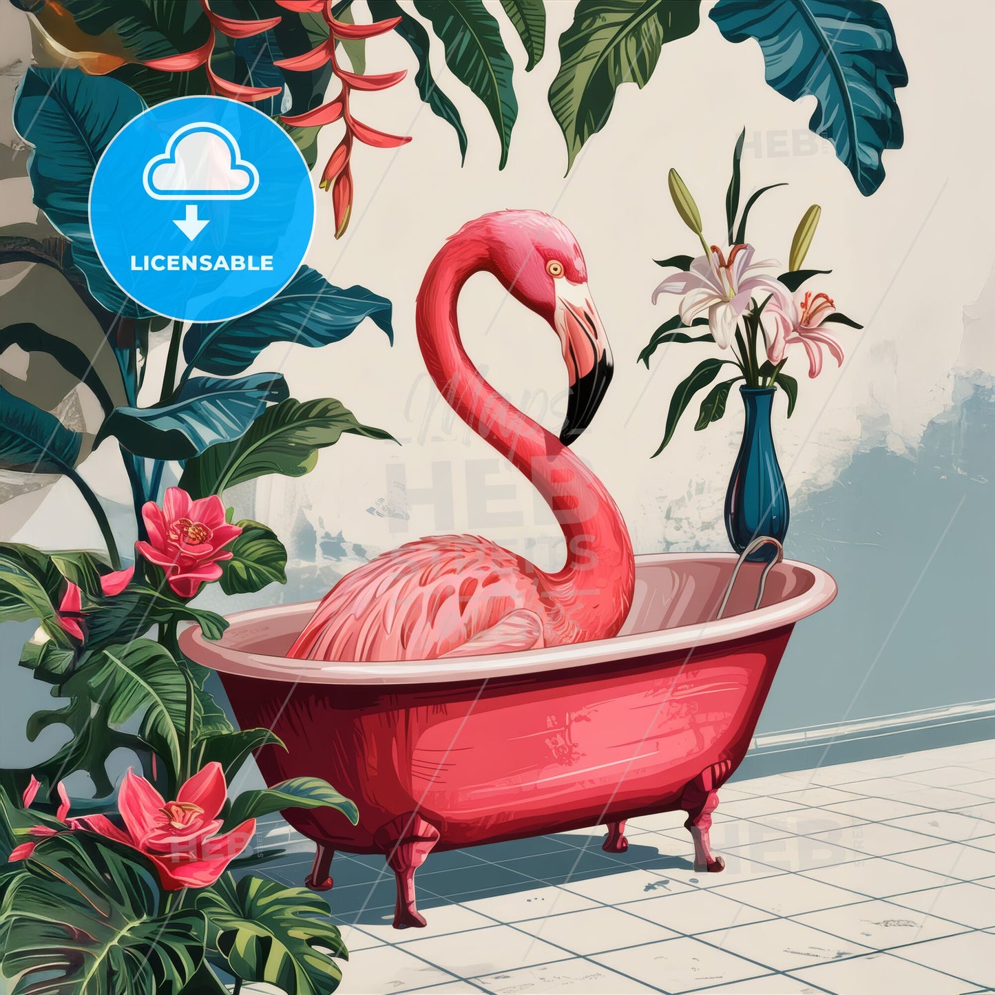 Tropical Serenity: Flamingo Charm in Clawfoot Tub - Vibrant Modern Art Print