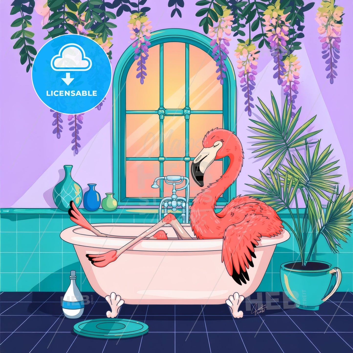 Tropical Serenity: Vibrant Flamingo Bliss in a Stylish Clawfoot Bathtub