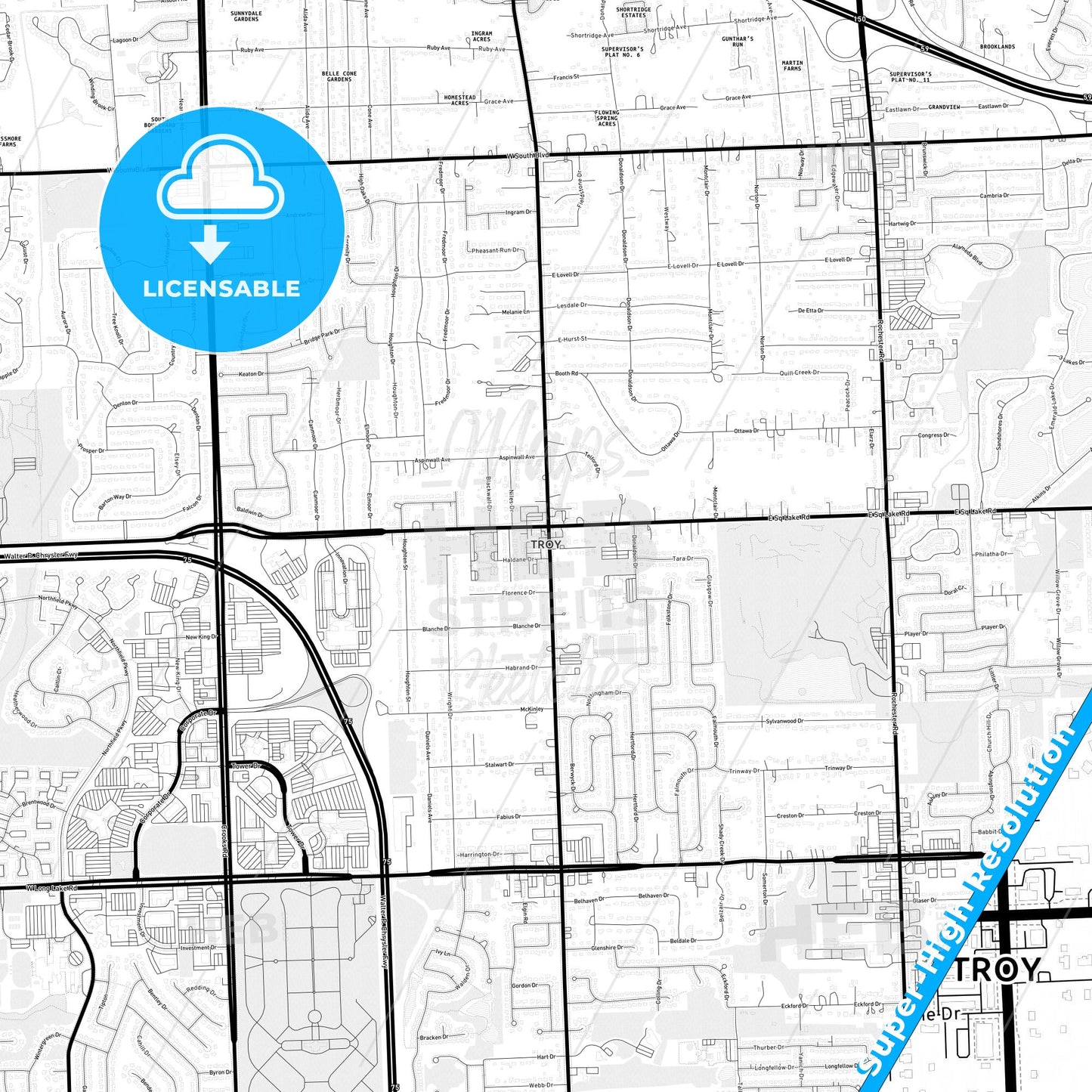 Troy, Michigan Light Map with Street Names, City Names, and Districts