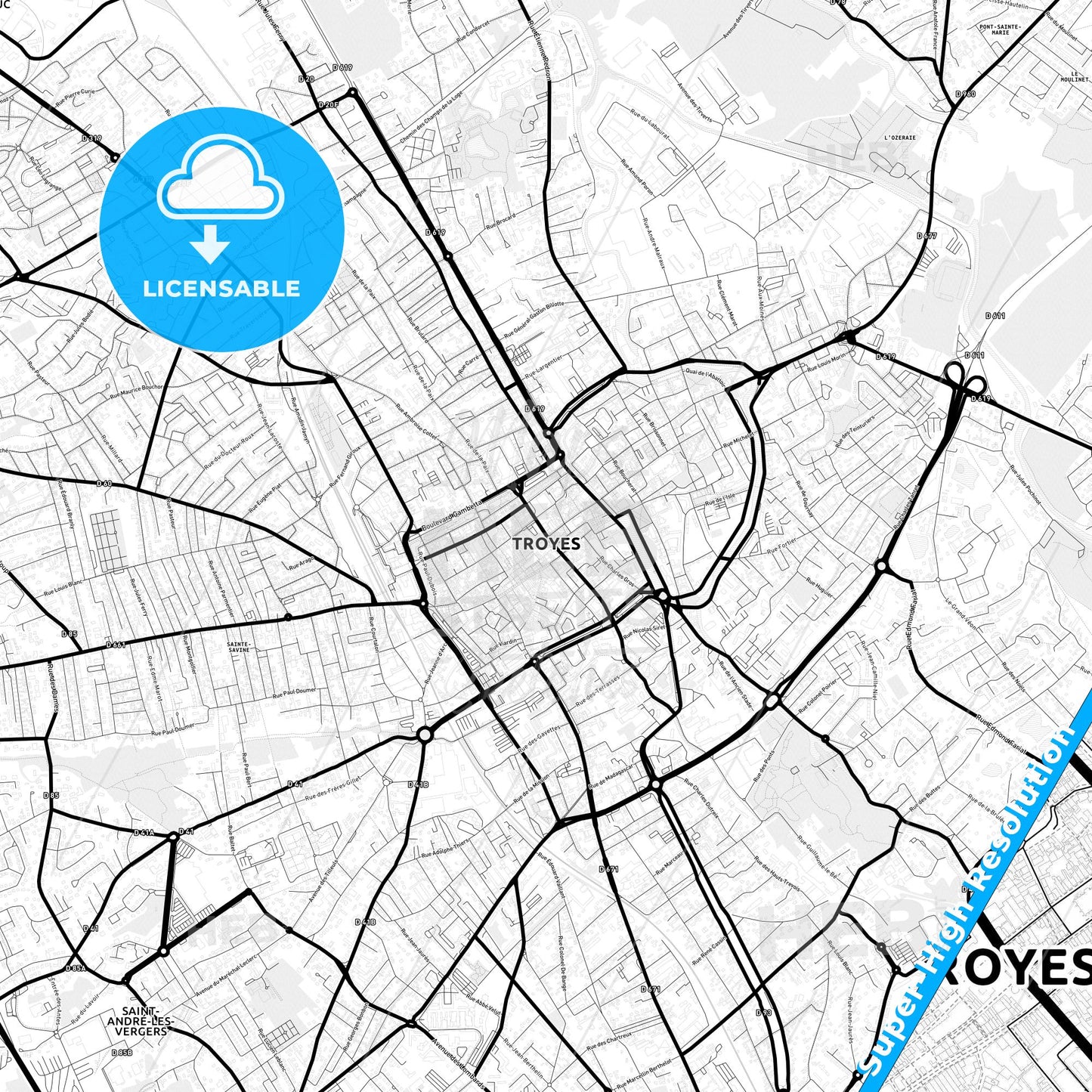 Troyes, France Light Map with Street Names, City Names, and Districts
