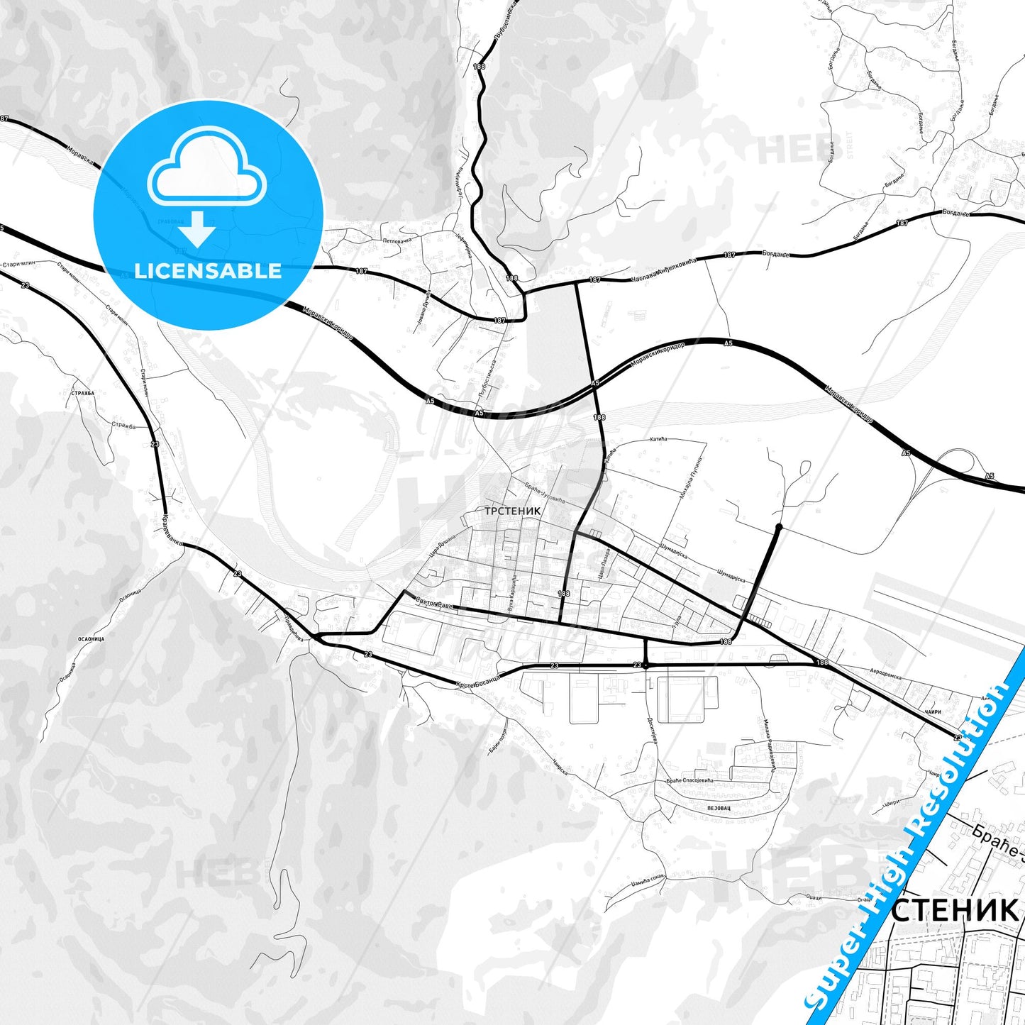 Trstenik, Serbia Light Map with Street Names, City Names, and Districts