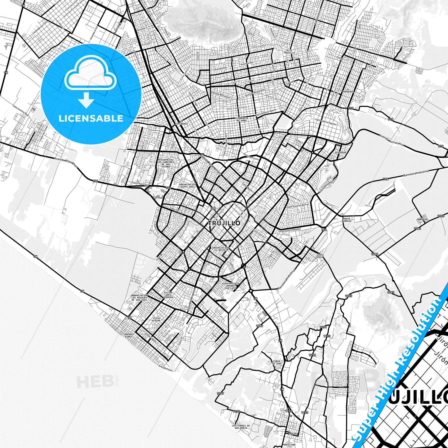 Trujillo, Peru Light Map with Street Names, City Names, and Districts