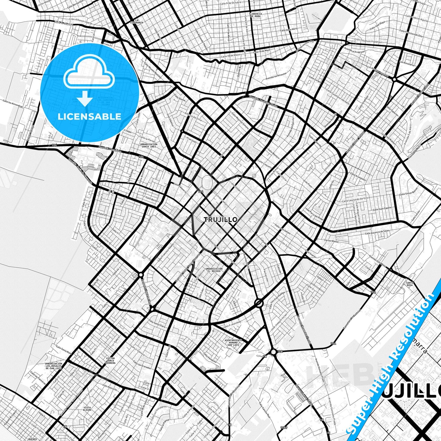 Trujillo, Peru Light Map with Street Names, City Names, and Districts