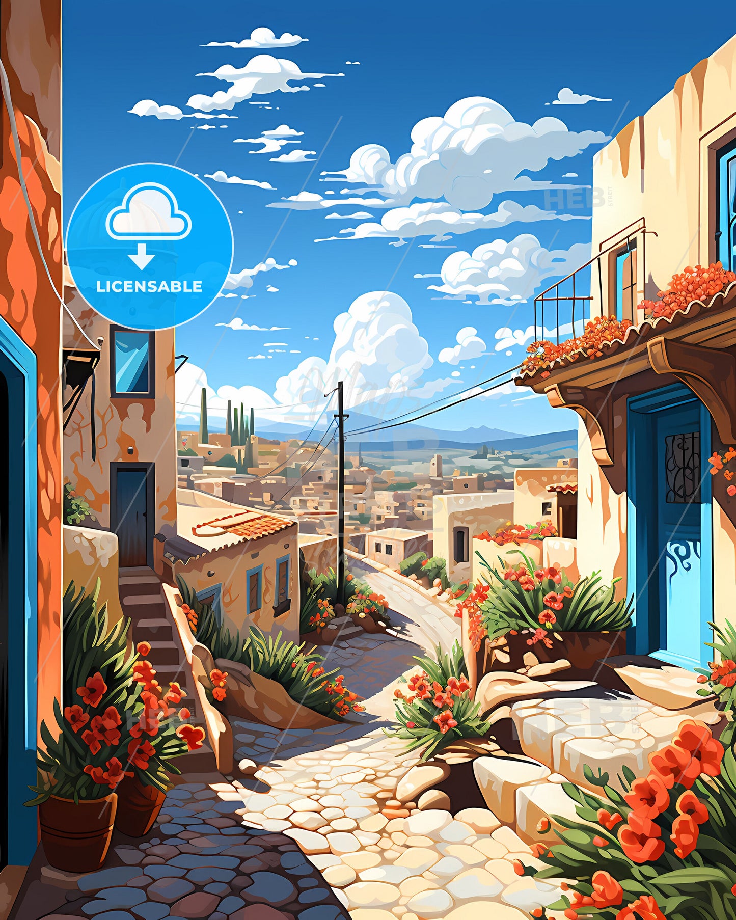 Painting of Trujillo Peru City Skyline Featuring Vibrant Building Facades and Flowers