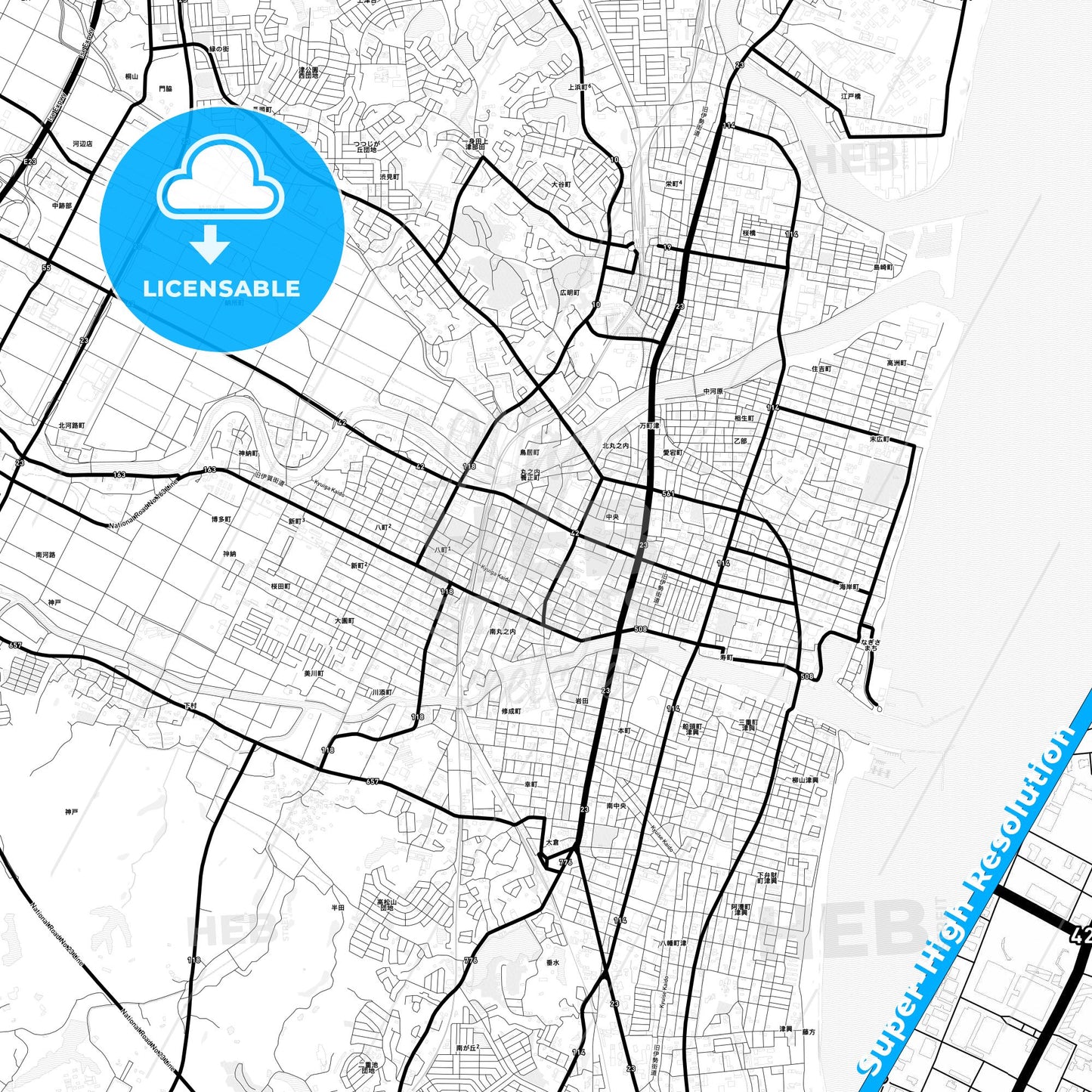Tsu, Japan Light Map with Street Names, City Names, and Districts