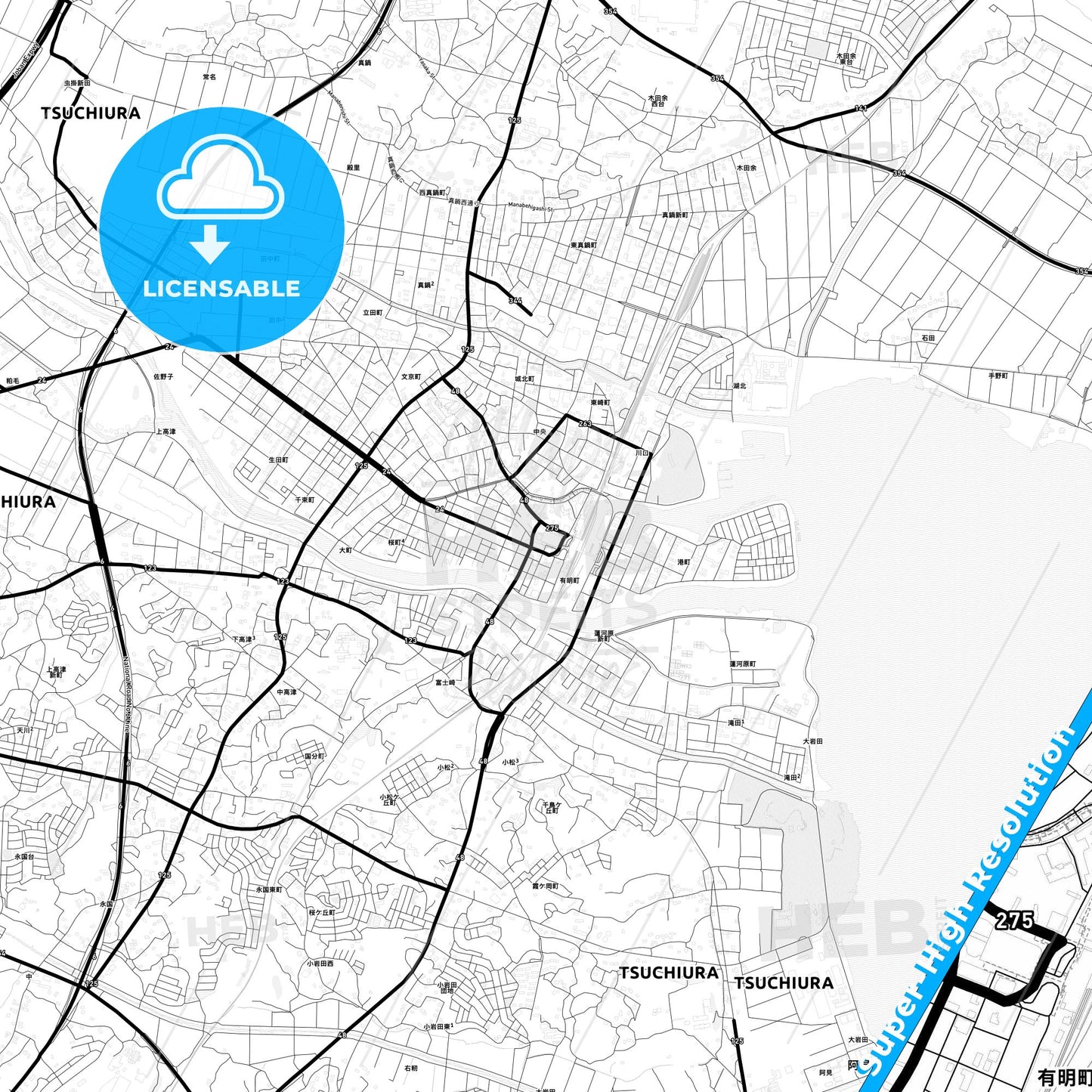 Tsuchiura, Japan Light Map with Street Names, City Names, and Districts