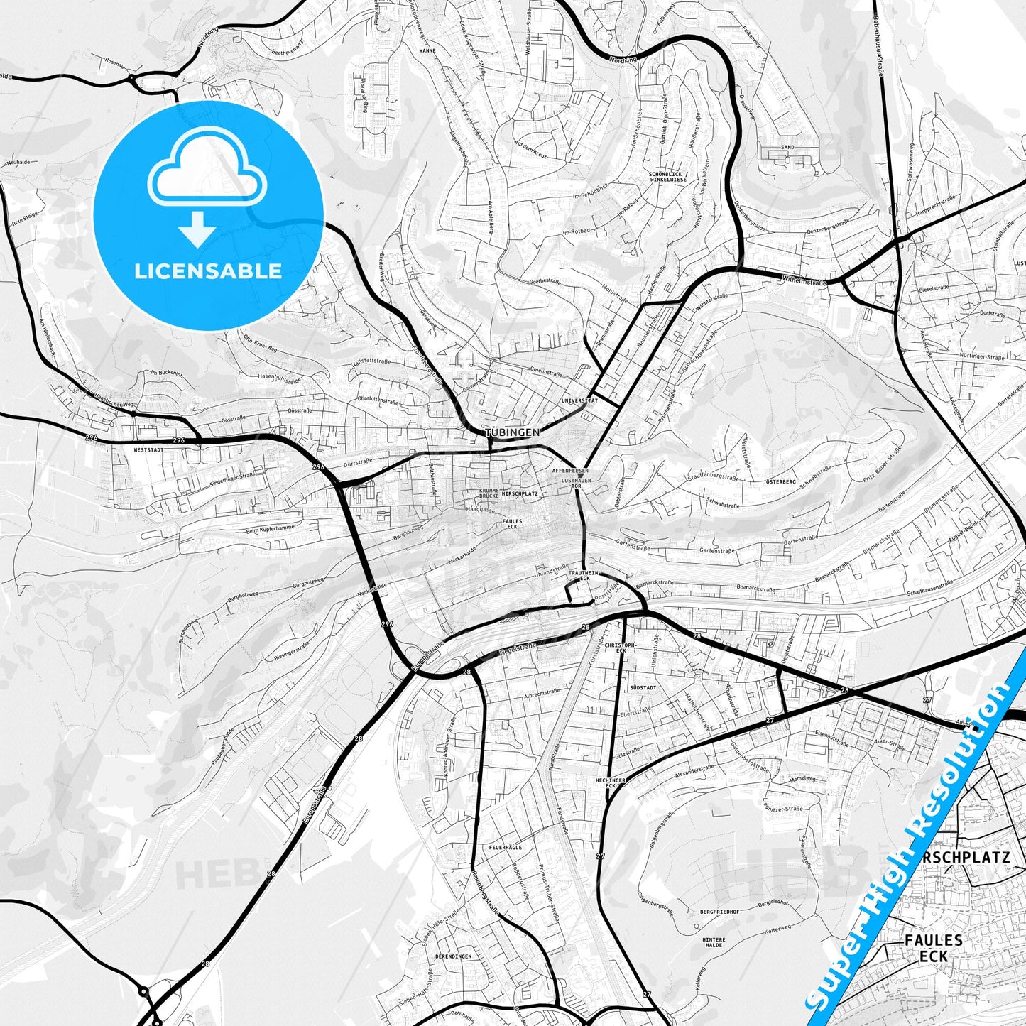Tubingen, Germany Light Map with Street Names, City Names, and Districts