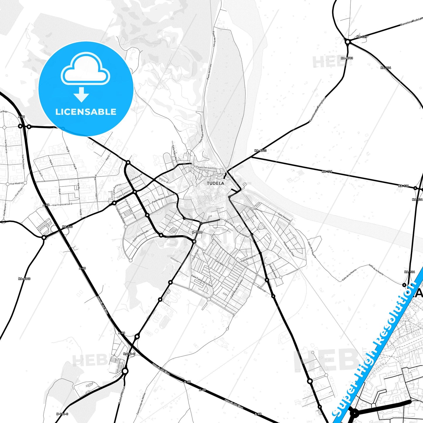 Tudela, Spain Light Map with Street Names, City Names, and Districts