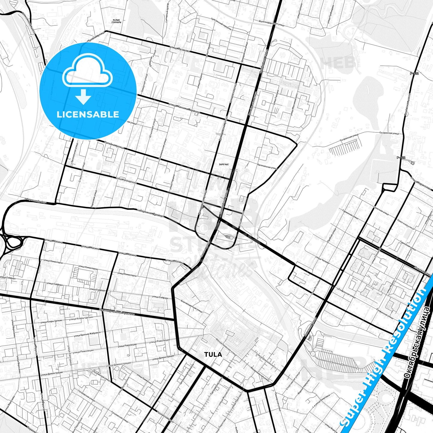 Tula, Russia Light Map with Street Names, City Names, and Districts