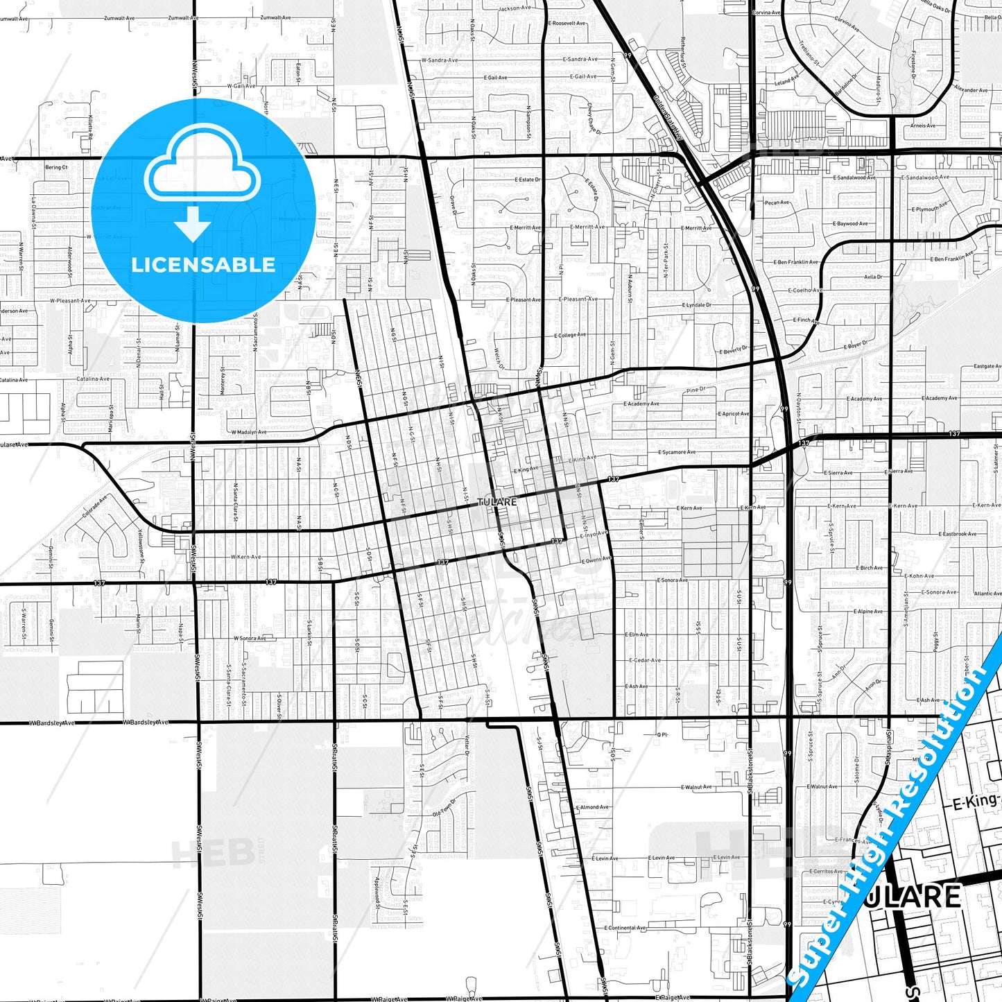 Tulare, California Light Map with Street Names, City Names, and Districts