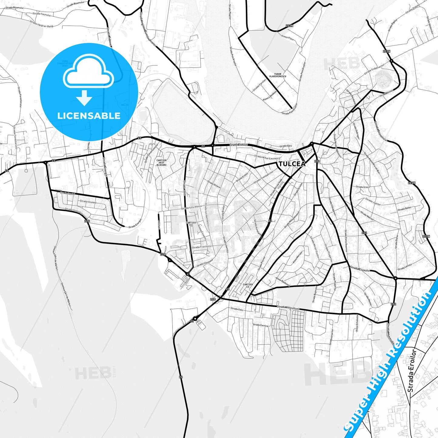 Tulcea, Romania Light Map with Street Names, City Names, and Districts