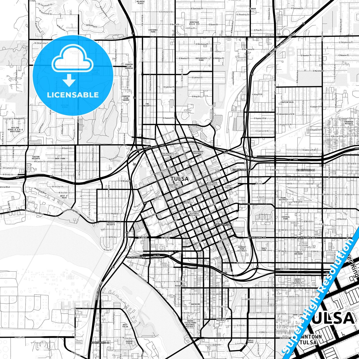 Tulsa, Oklahoma Light Map with Street Names, City Names, and Districts