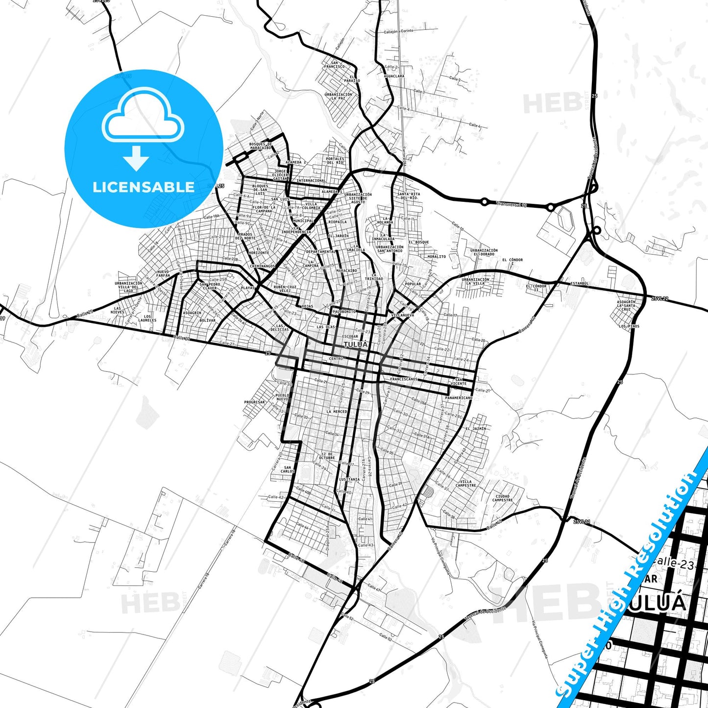Tulua, Colombia Light Map with Street Names, City Names, and Districts