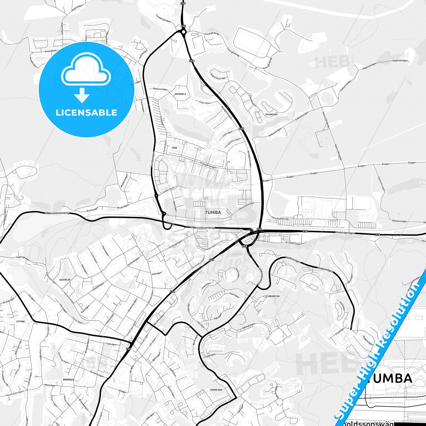 Tumba, Sweden Light Map with Street Names, City Names, and Districts