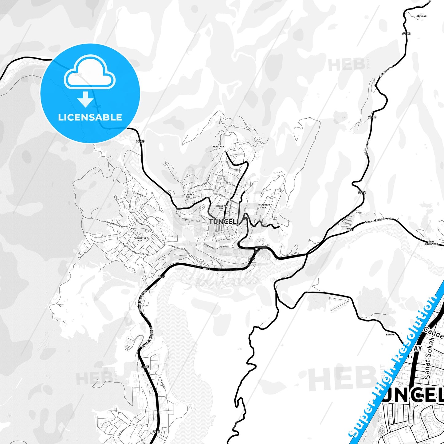 Tunceli, Turkey Light Map with Street Names, City Names, and Districts