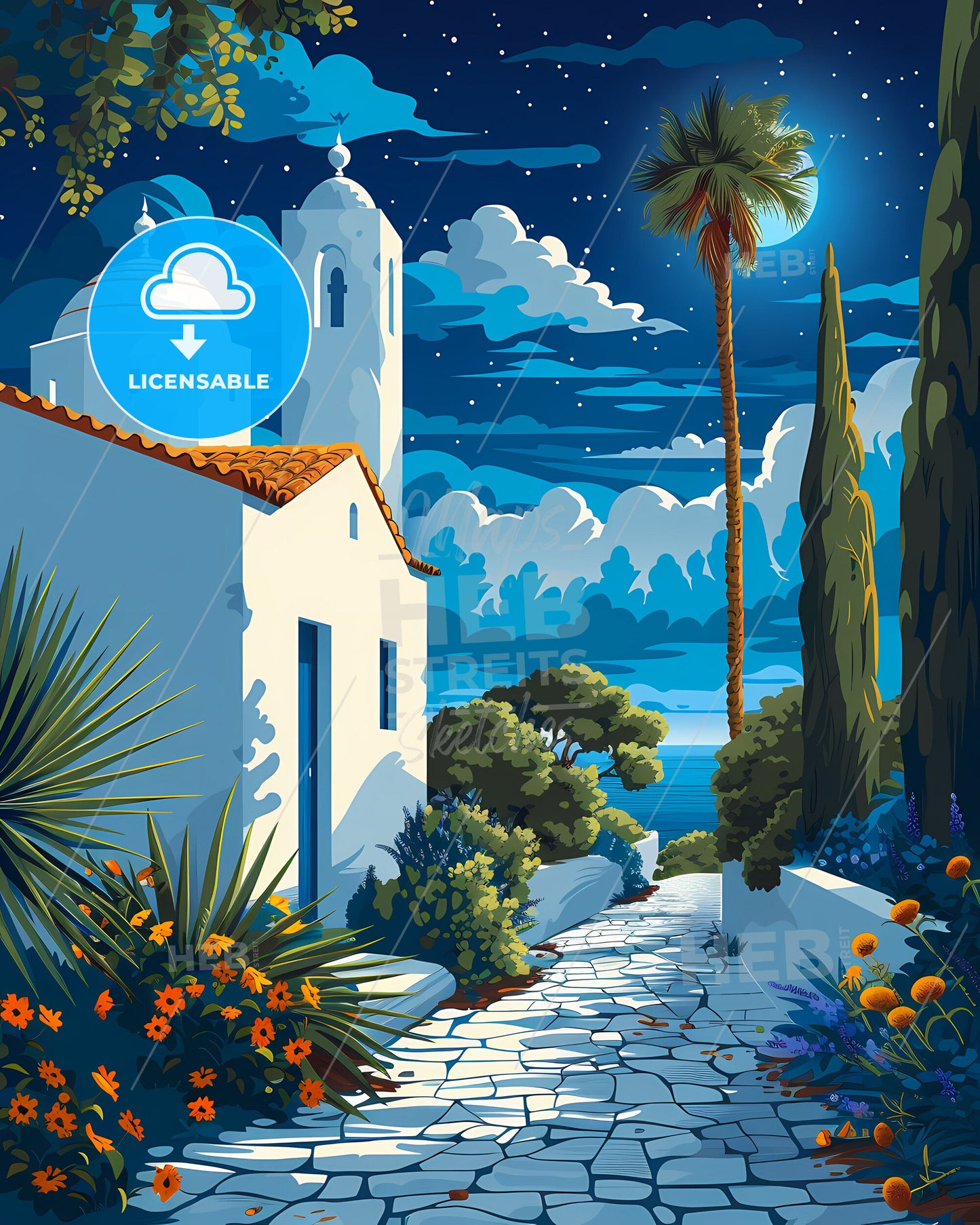 Vibrant African Art: Stone Path to Ornate Building in Tunisia