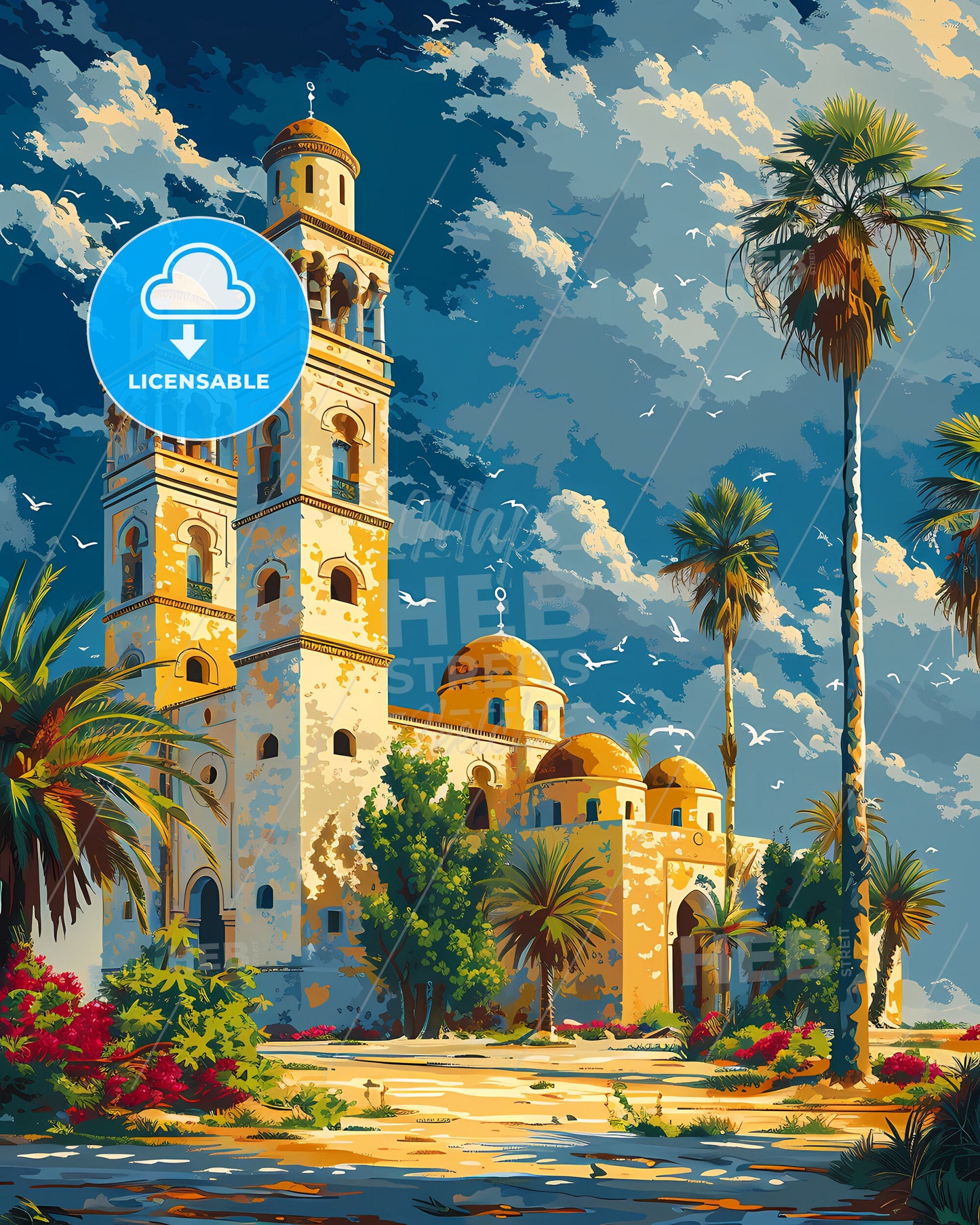 Vibrant African Architecture: Towered Building and Trees in Tunisia