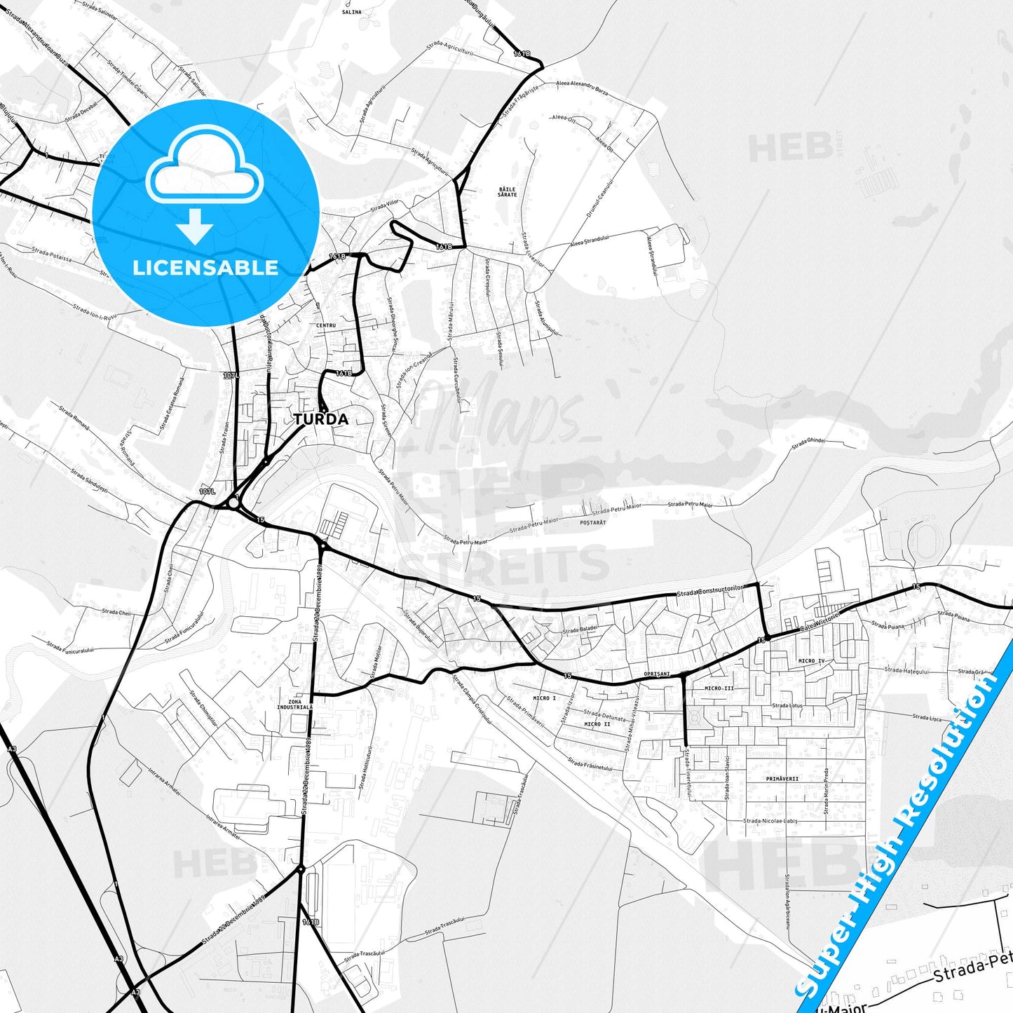 Turda, Romania Light Map with Street Names, City Names, and Districts