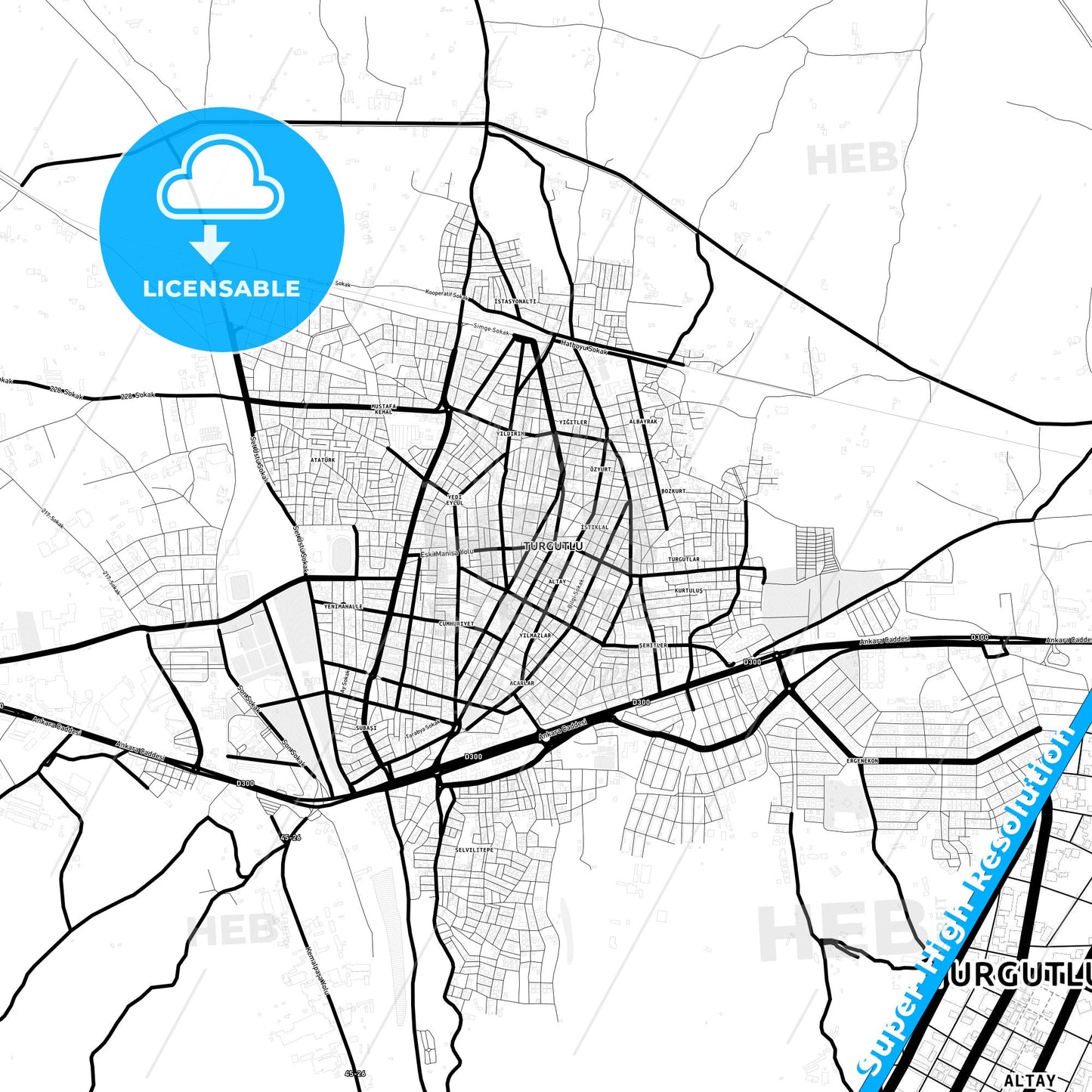 Turgutlu, Turkey Light Map with Street Names, City Names, and Districts