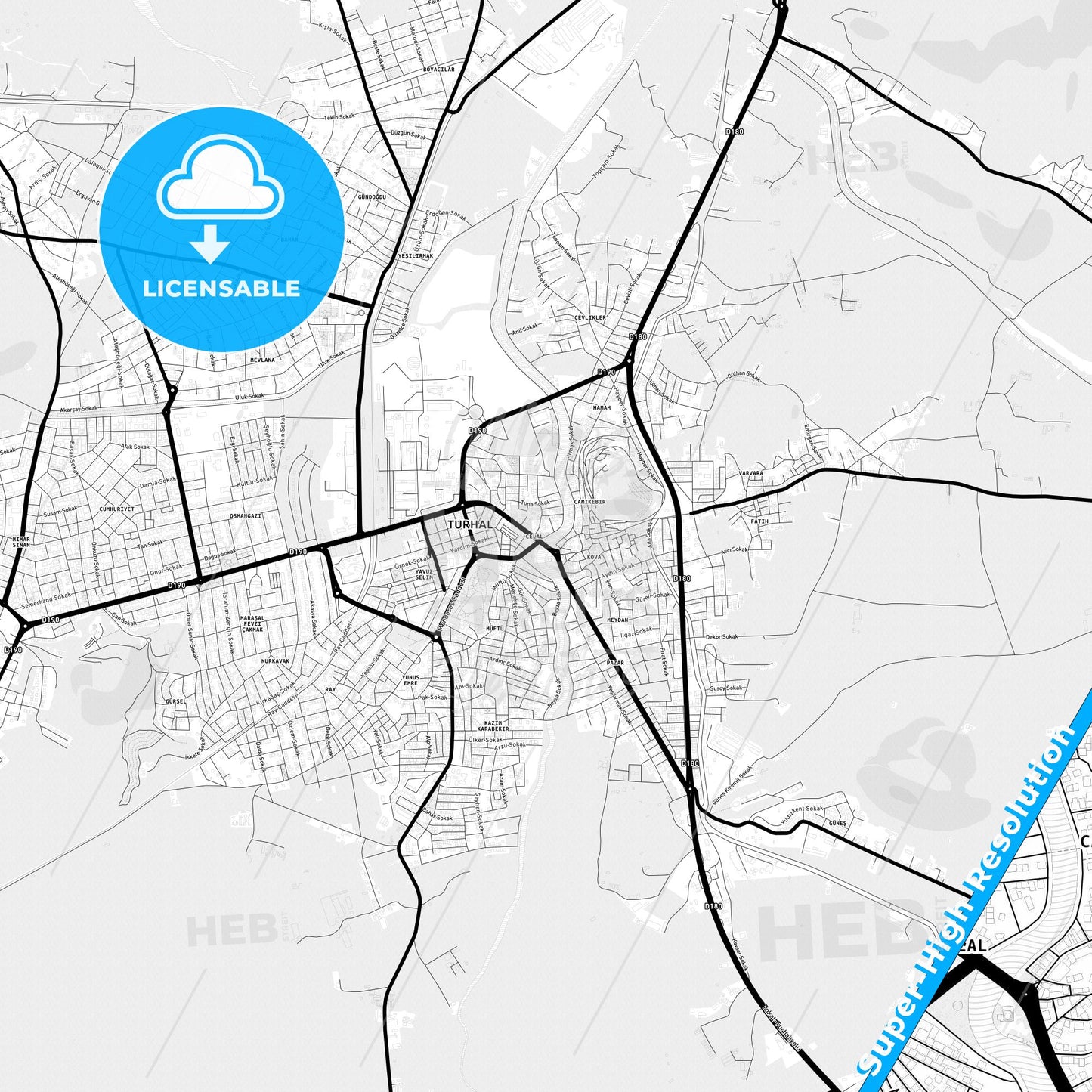 Turhal, Turkey Light Map with Street Names, City Names, and Districts