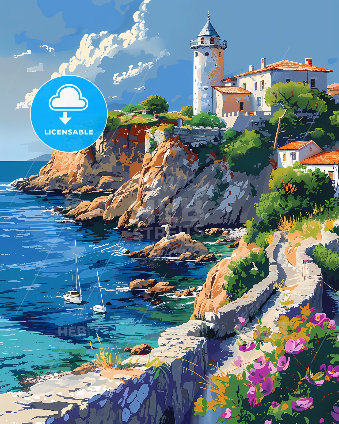 Vibrant Painting of a Coastal House Perched on a Cliff by the Water, Turkey, Europe