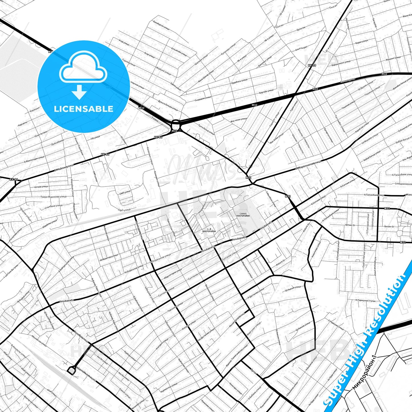 Turkistan, Kazakhstan Light Map with Street Names, City Names, and Districts