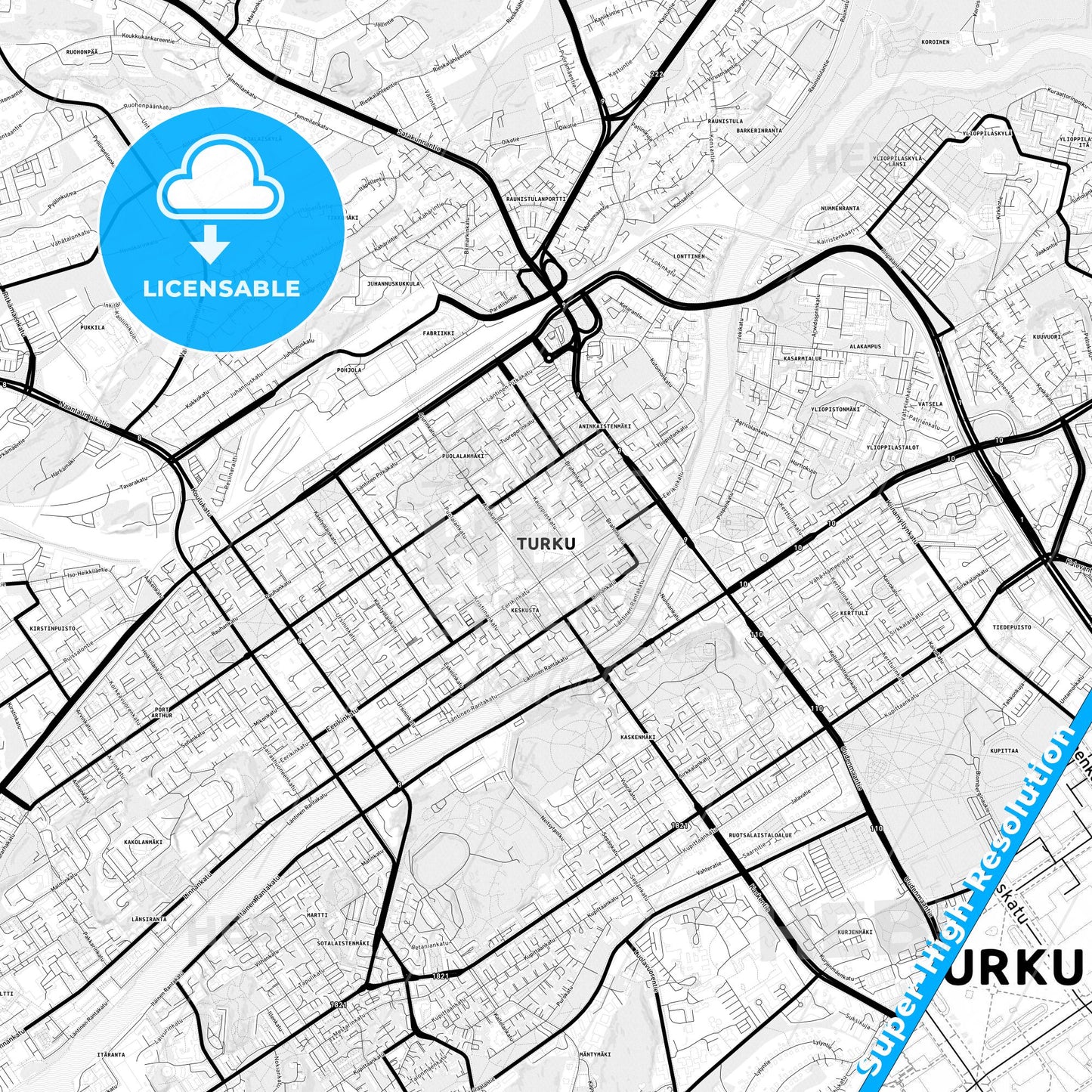 Turku, Finland Light Map with Street Names, City Names, and Districts
