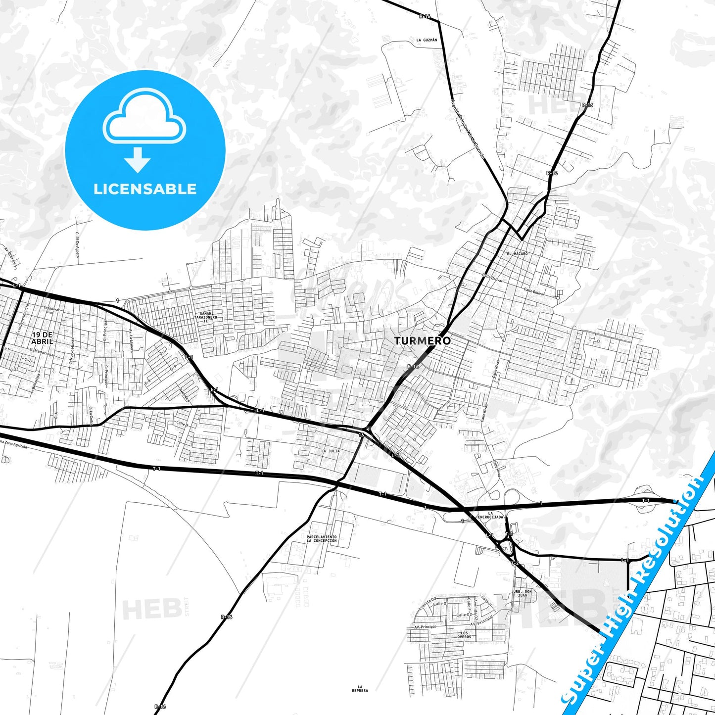 Turmero, Venezuela Light Map with Street Names, City Names, and Districts