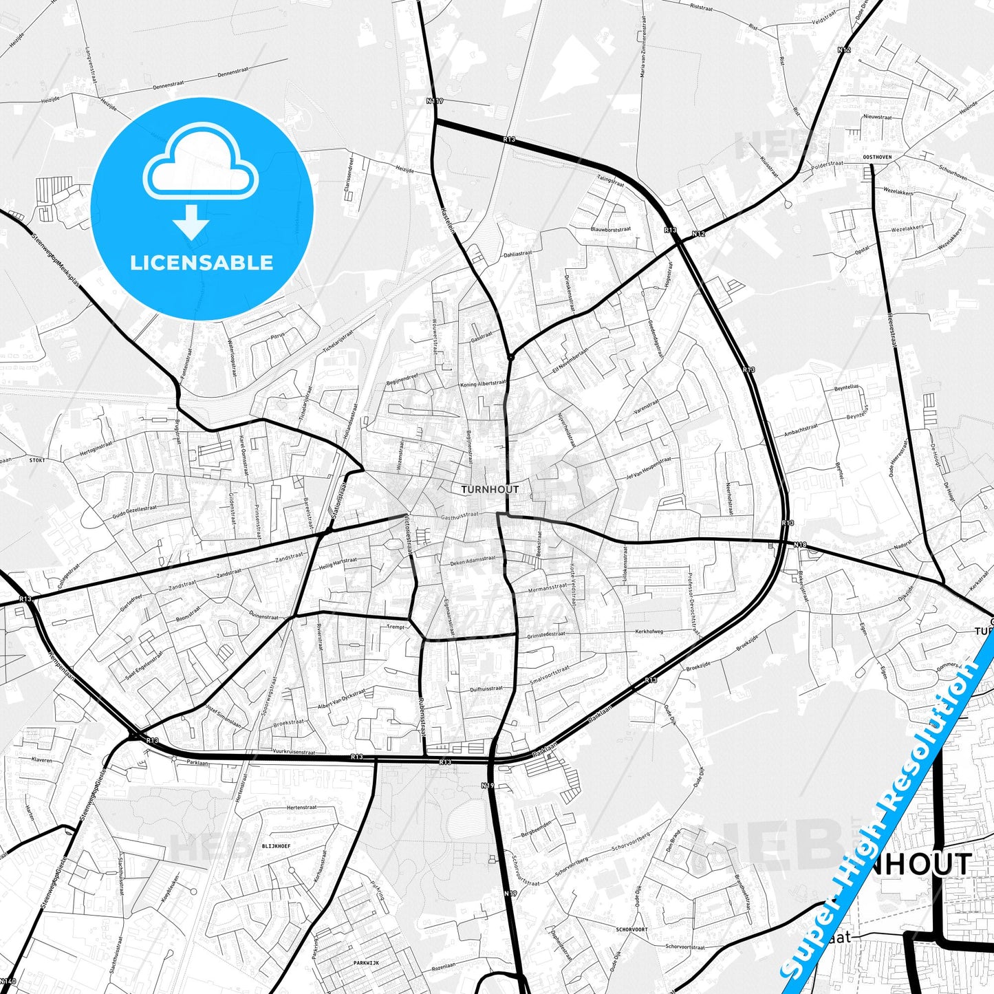 Turnhout, Belgium Light Map with Street Names, City Names, and Districts