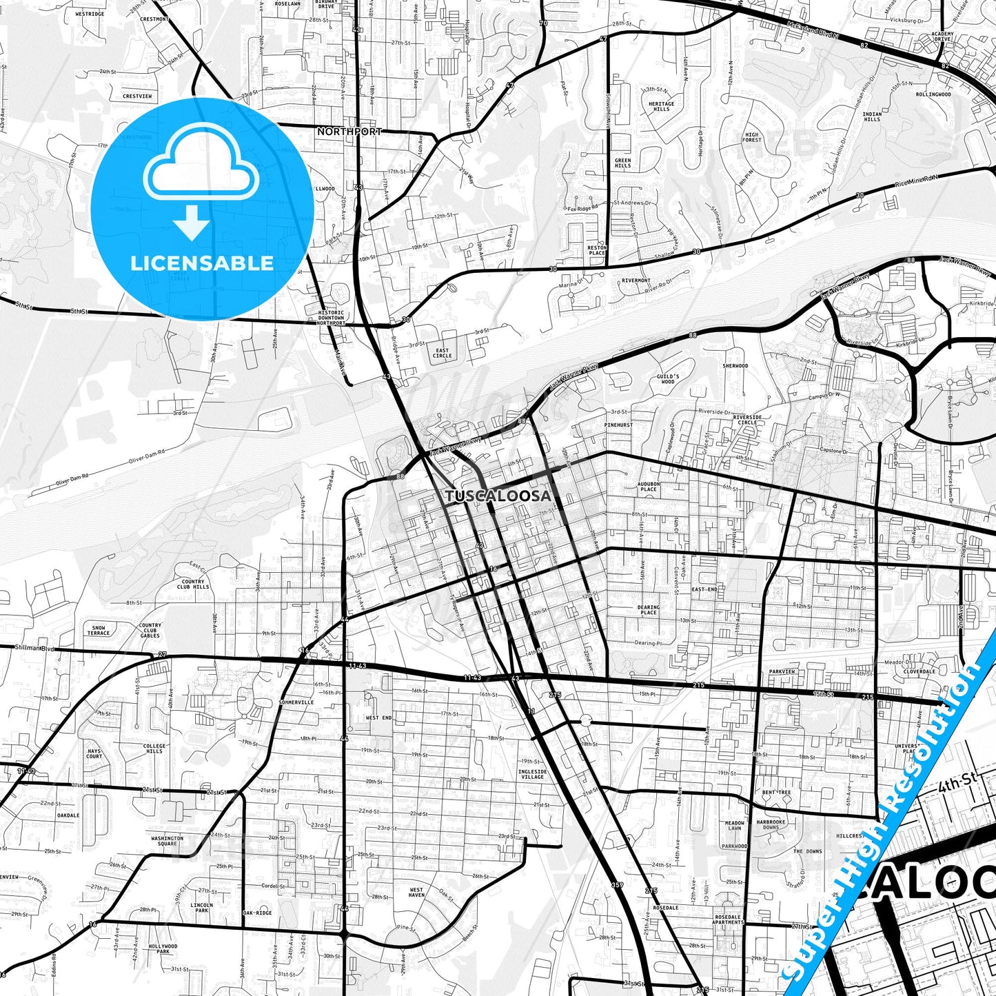 Tuscaloosa, Alabama Light Map with Street Names, City Names, and Districts