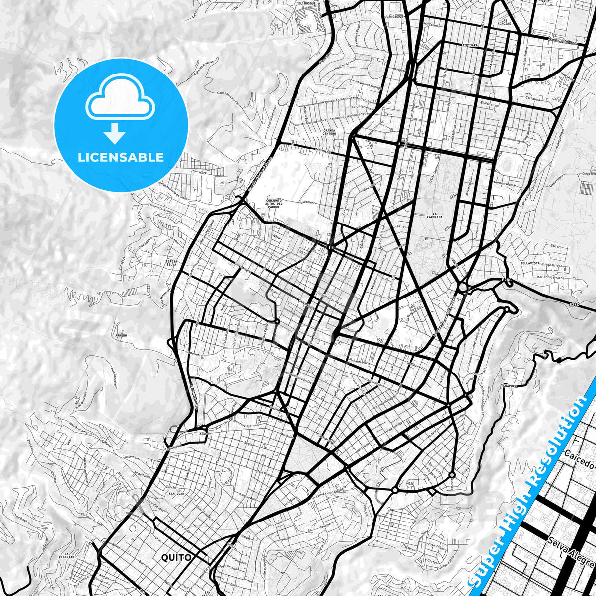 Tutamandahostel, Ecuador Light Map with Street Names, City Names, and Districts