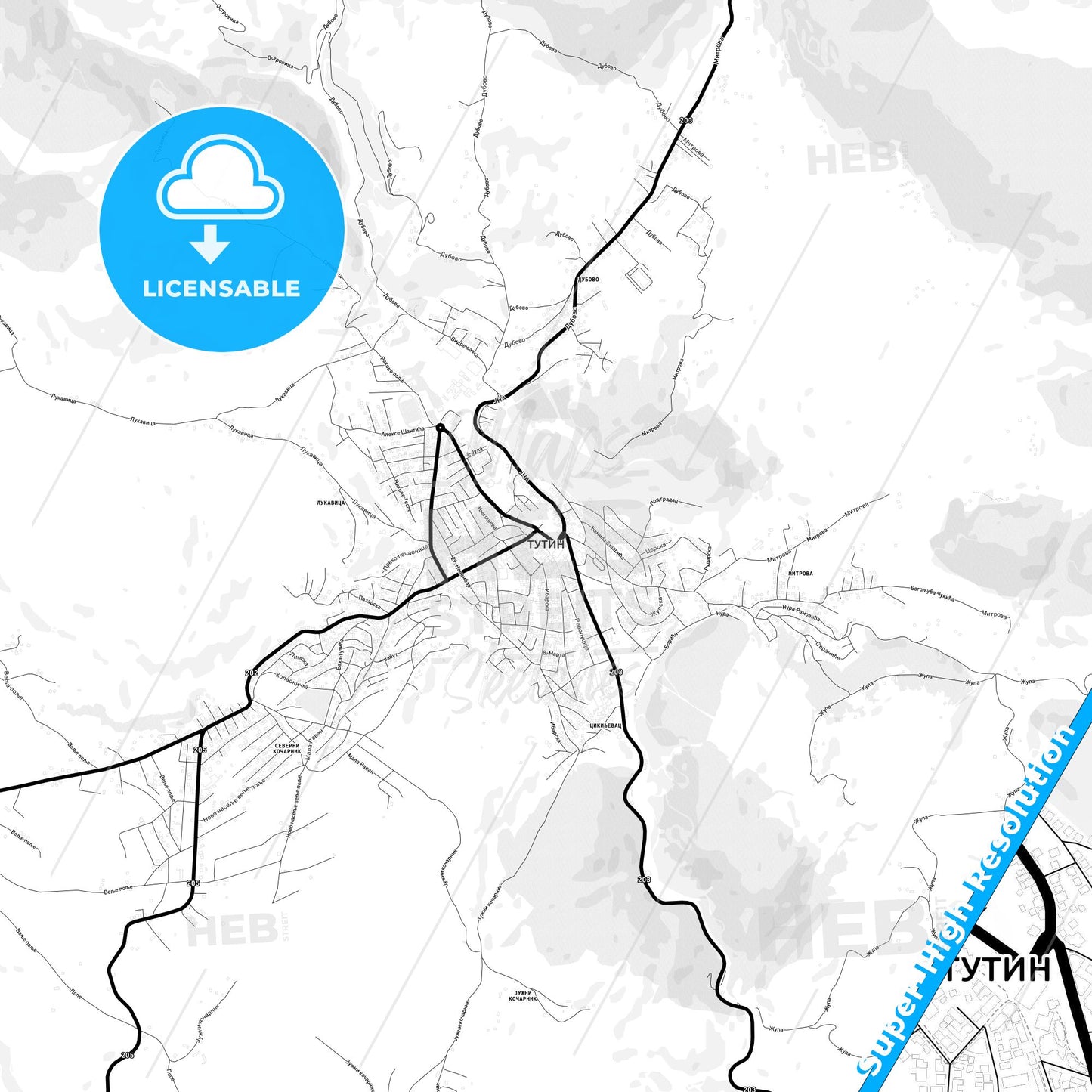 Tutin, Serbia Light Map with Street Names, City Names, and Districts