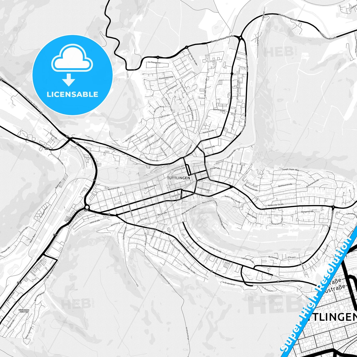 Tuttlingen, Germany Light Map with Street Names, City Names, and Districts