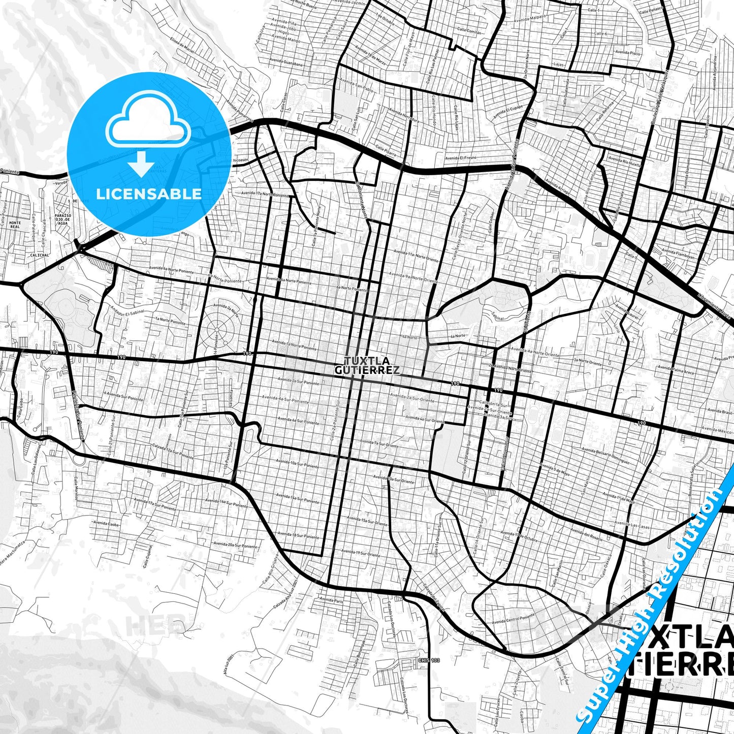 Tuxtla Gutiérrez, Mexico Light Map with Street Names, City Names, and Districts