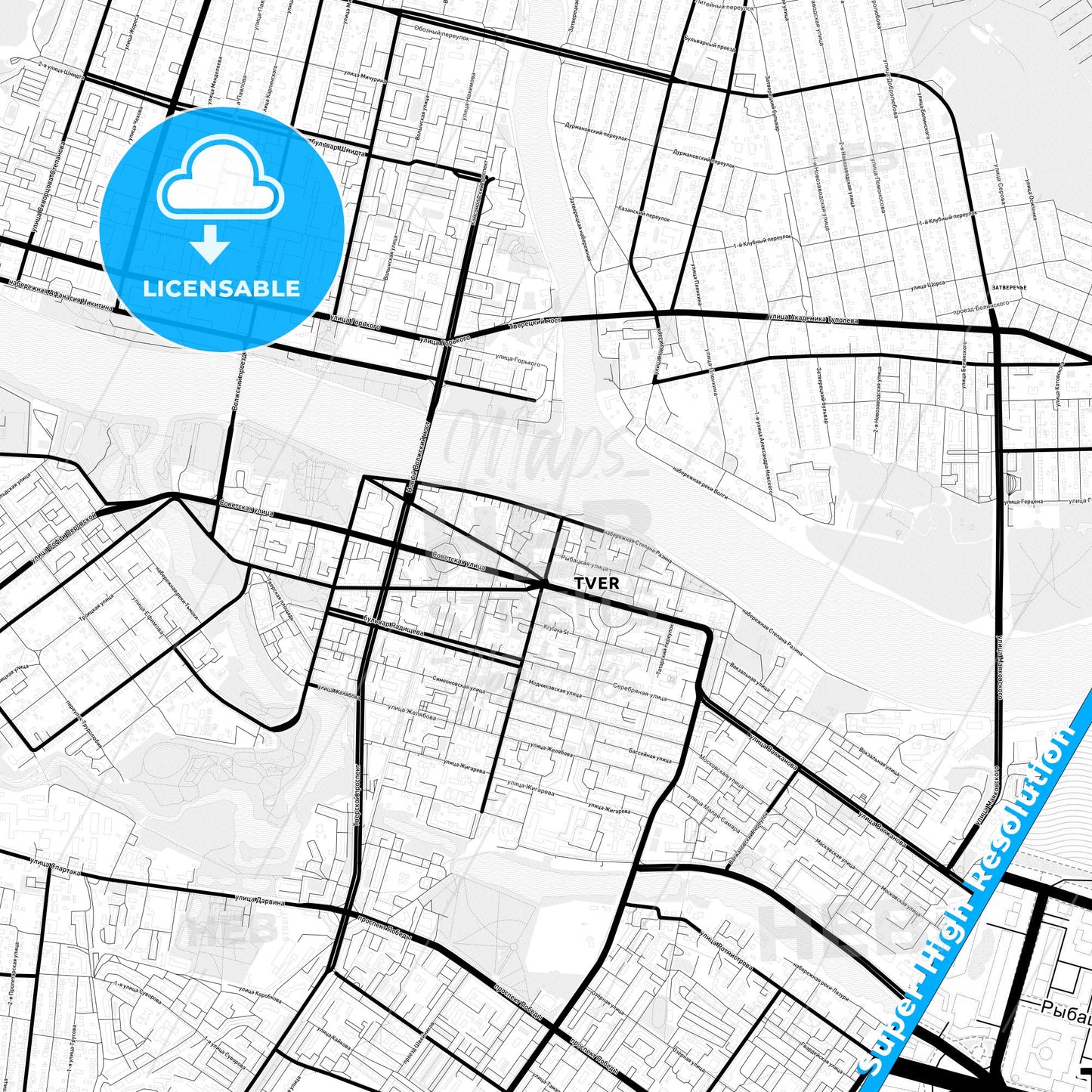Tver, Russia Light Map with Street Names, City Names, and Districts