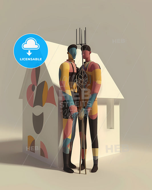 Bauhaus Men in American Gothic Pose with Geometric Abstract Pitchfork