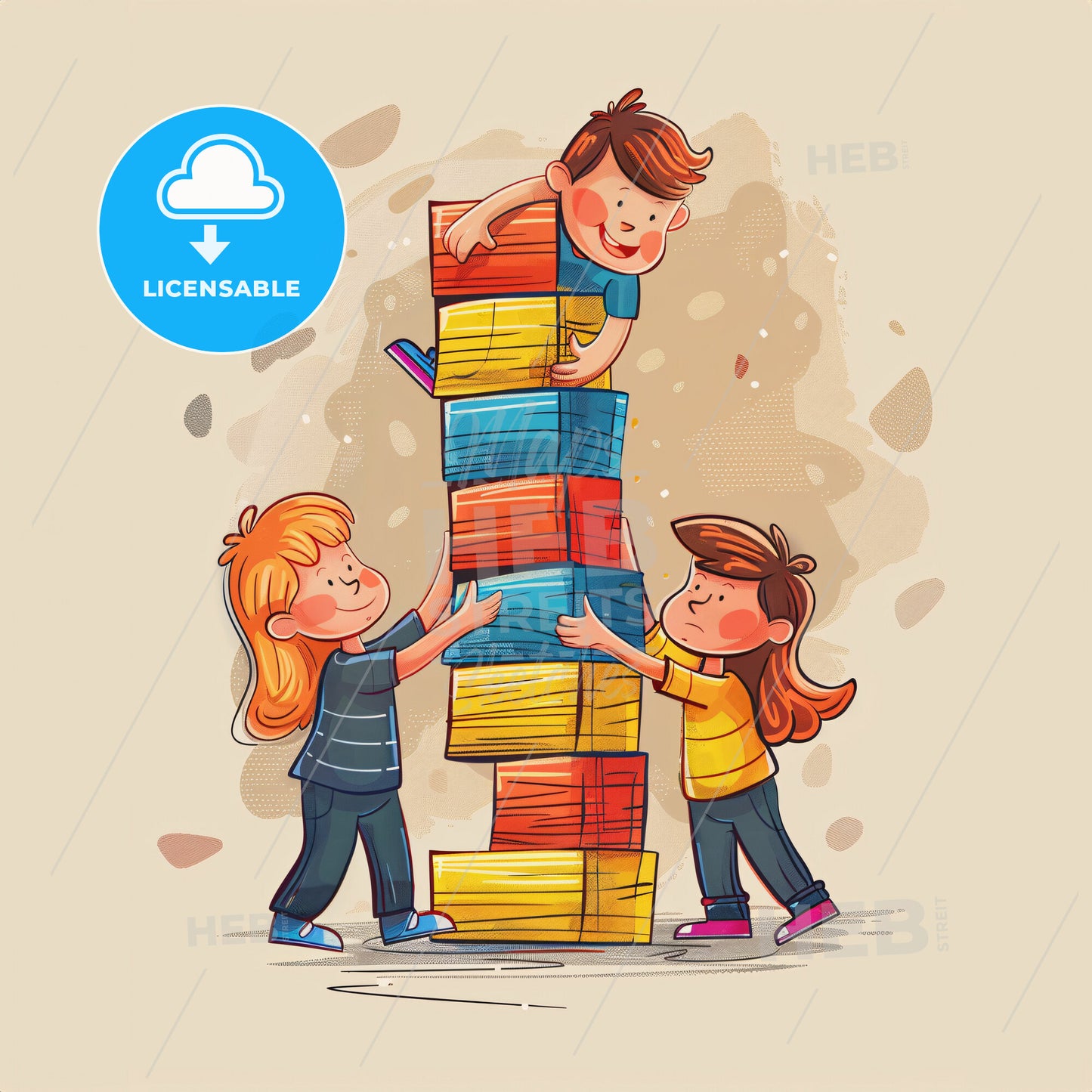 Two or three children working together to build a tall tower out of colorful blocks