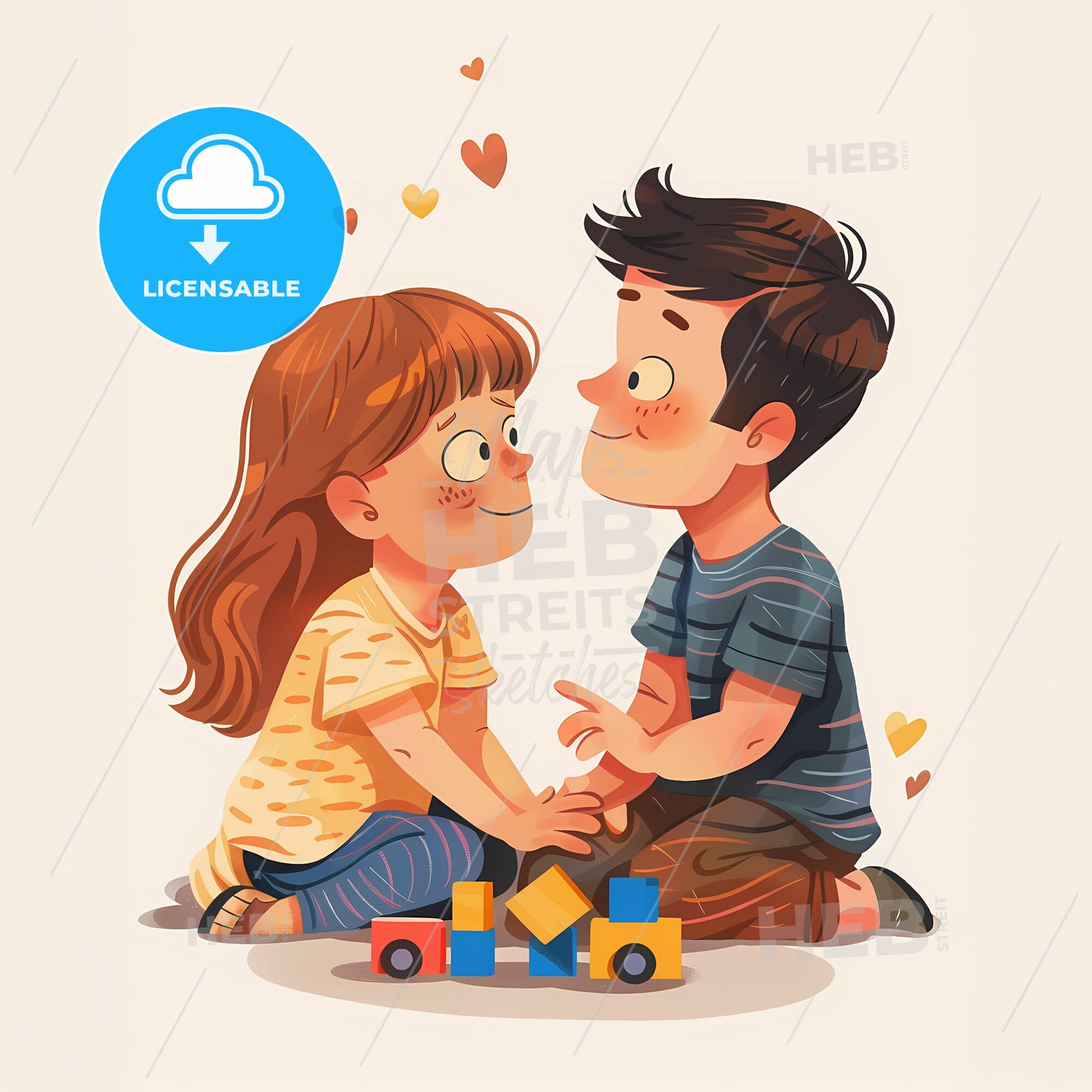 Two Young Children Sitting On The Floor Next To Each Other - A Boy And Girl Playing With Blocks