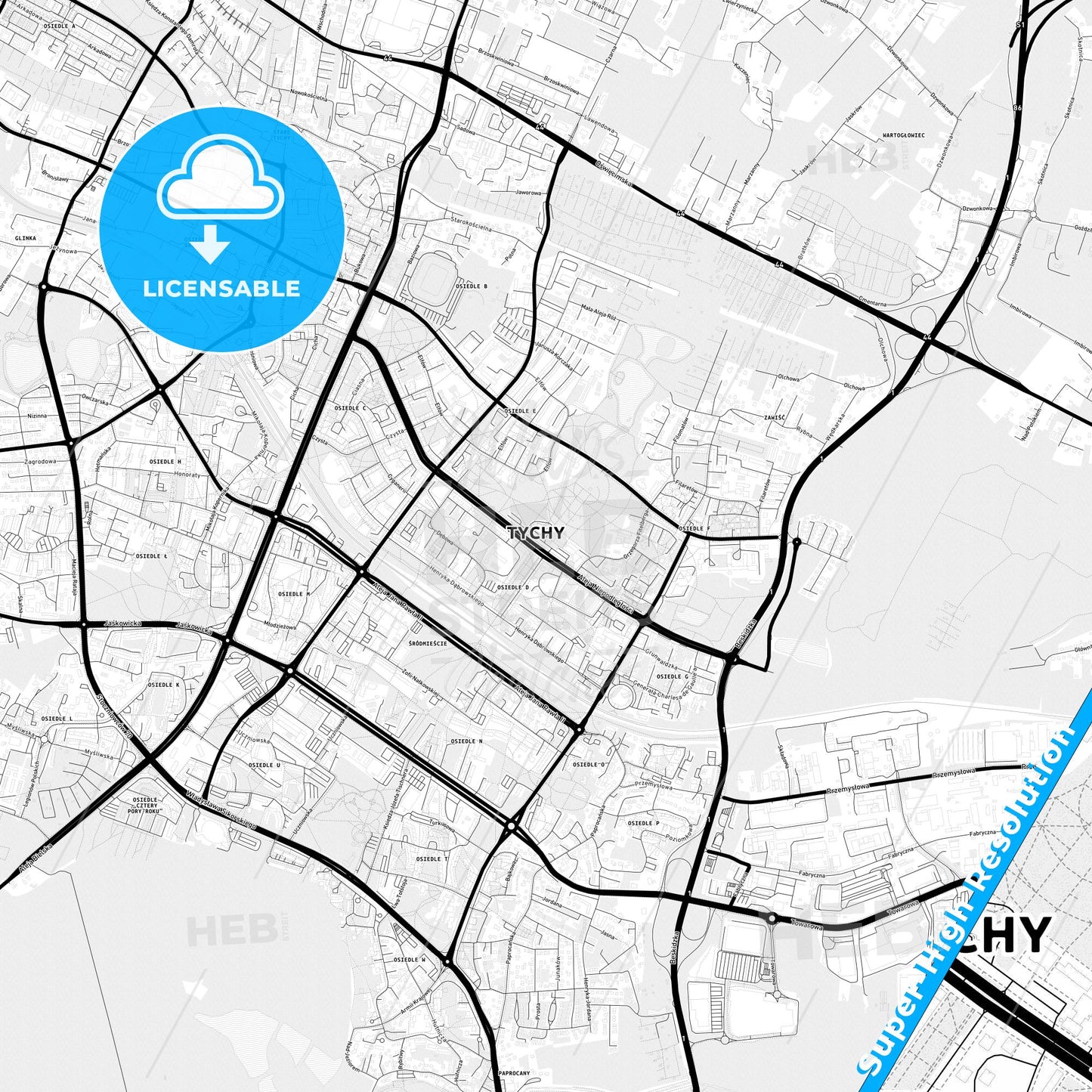 Tychy, Poland Light Map with Street Names, City Names, and Districts