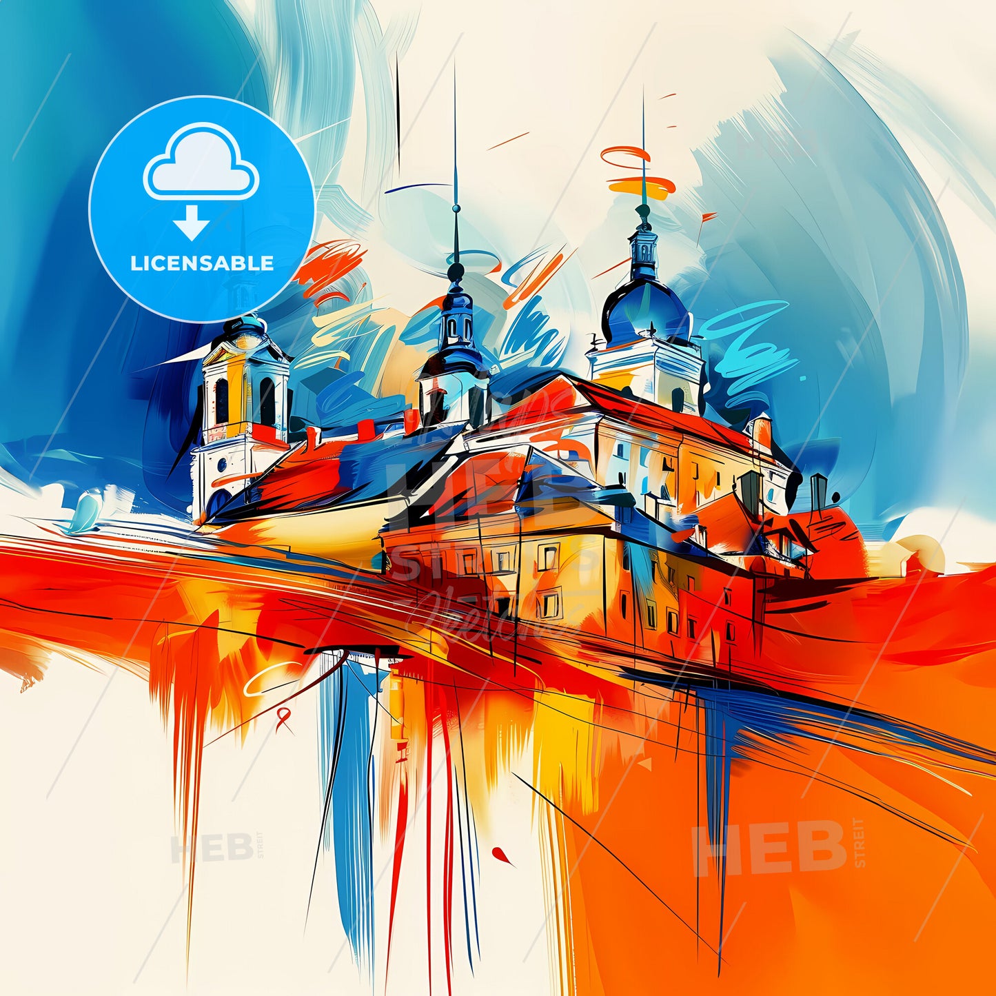 Vibrant Tychy, Poland - A Painting Of A Building With Towers And A Blue And Orange Background