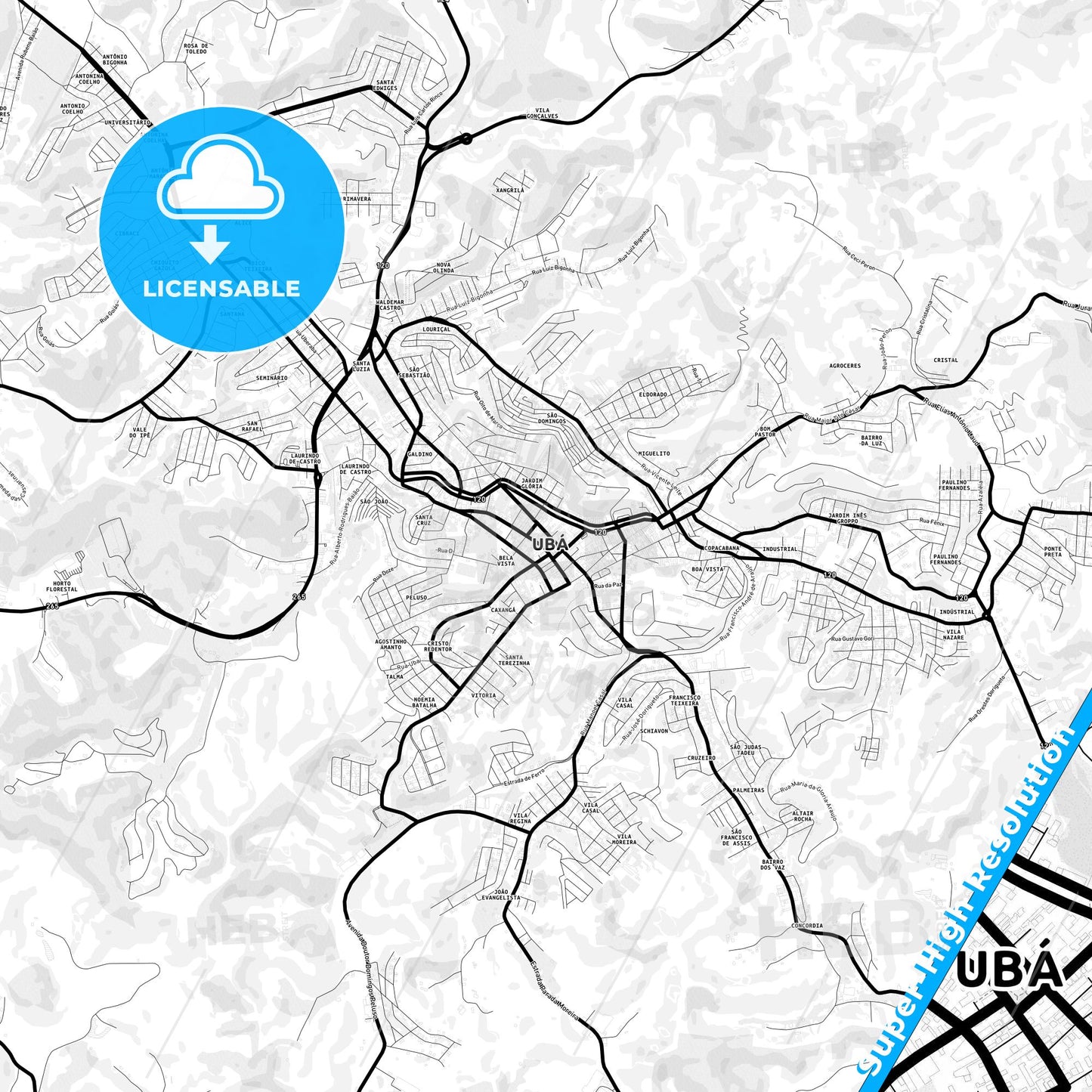 Uba, Brazil Light Map with Street Names, City Names, and Districts