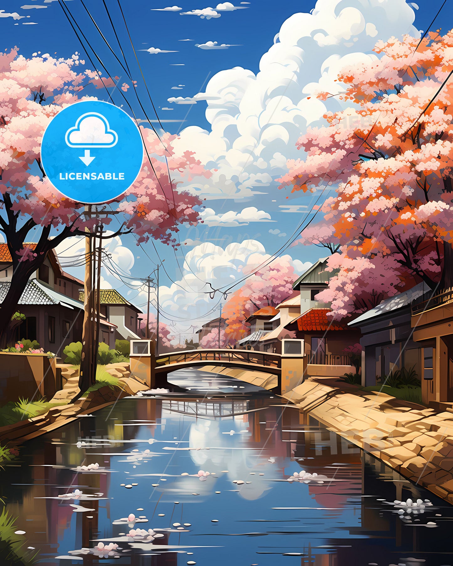 Uberaba City Skyline Water Canal Bridge Pink Trees Vibrant Painting Art