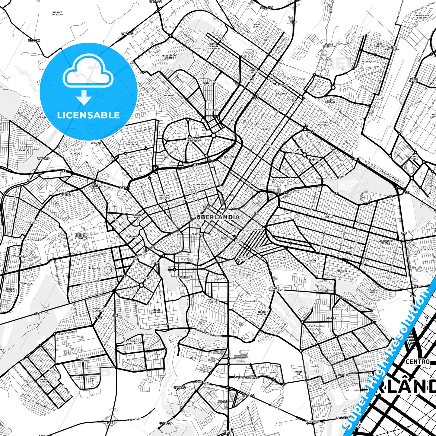 Uberlandia, Brazil Light Map with Street Names, City Names, and Districts