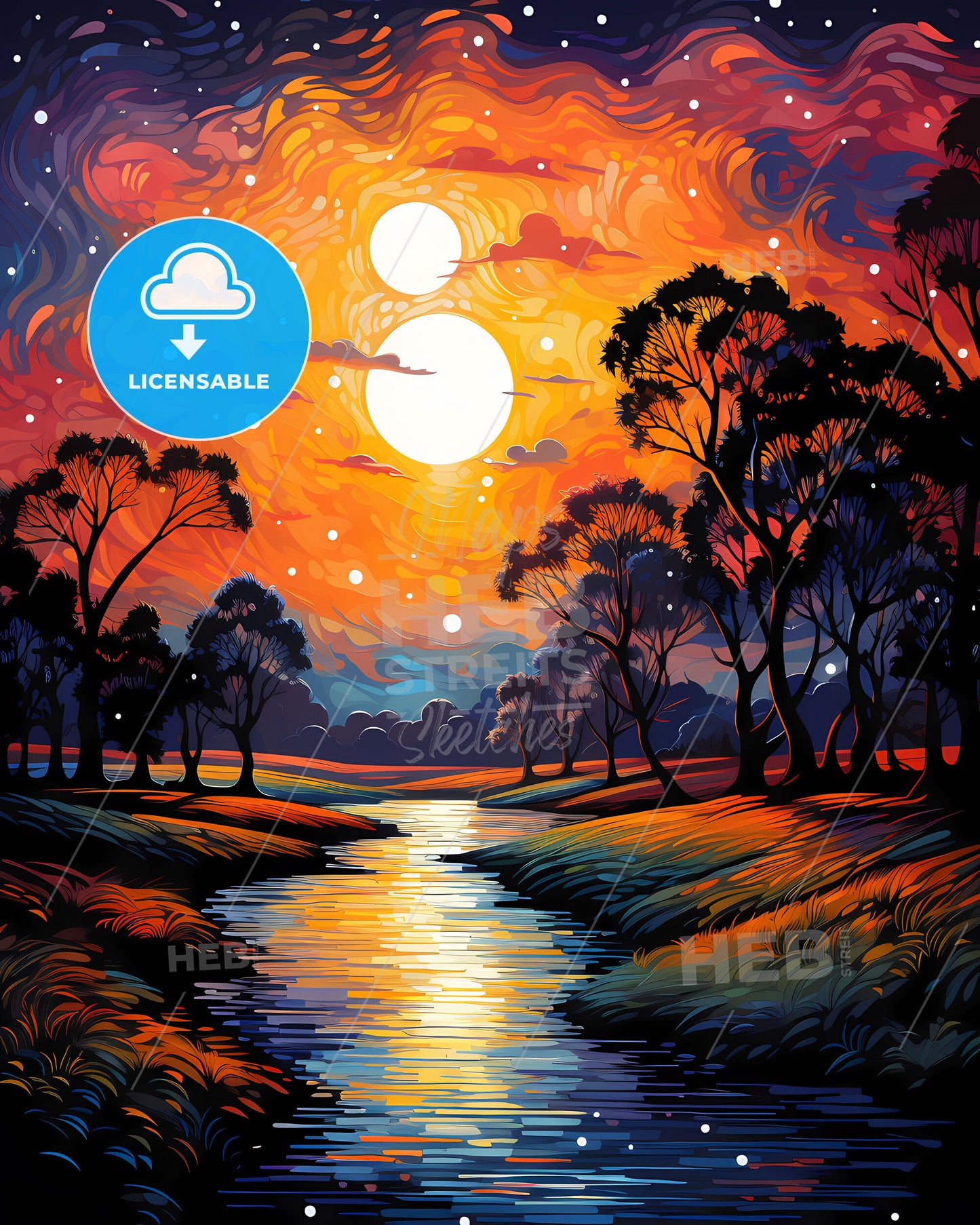 Colorful Painted Uberlandia Brazil Skyline Depicting a River Flowing through a Lush Green Forest