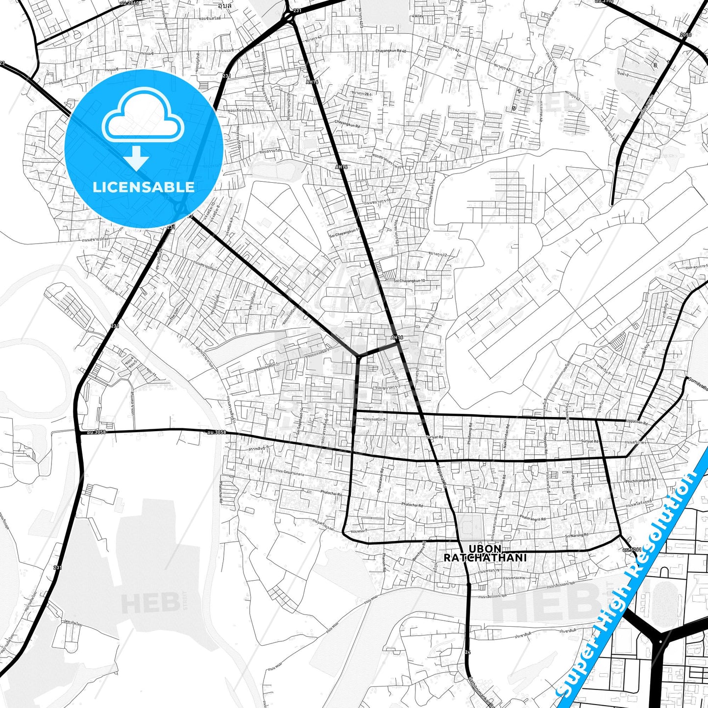 Ubon Ratchathani, Thailand Light Map with Street Names, City Names, and Districts